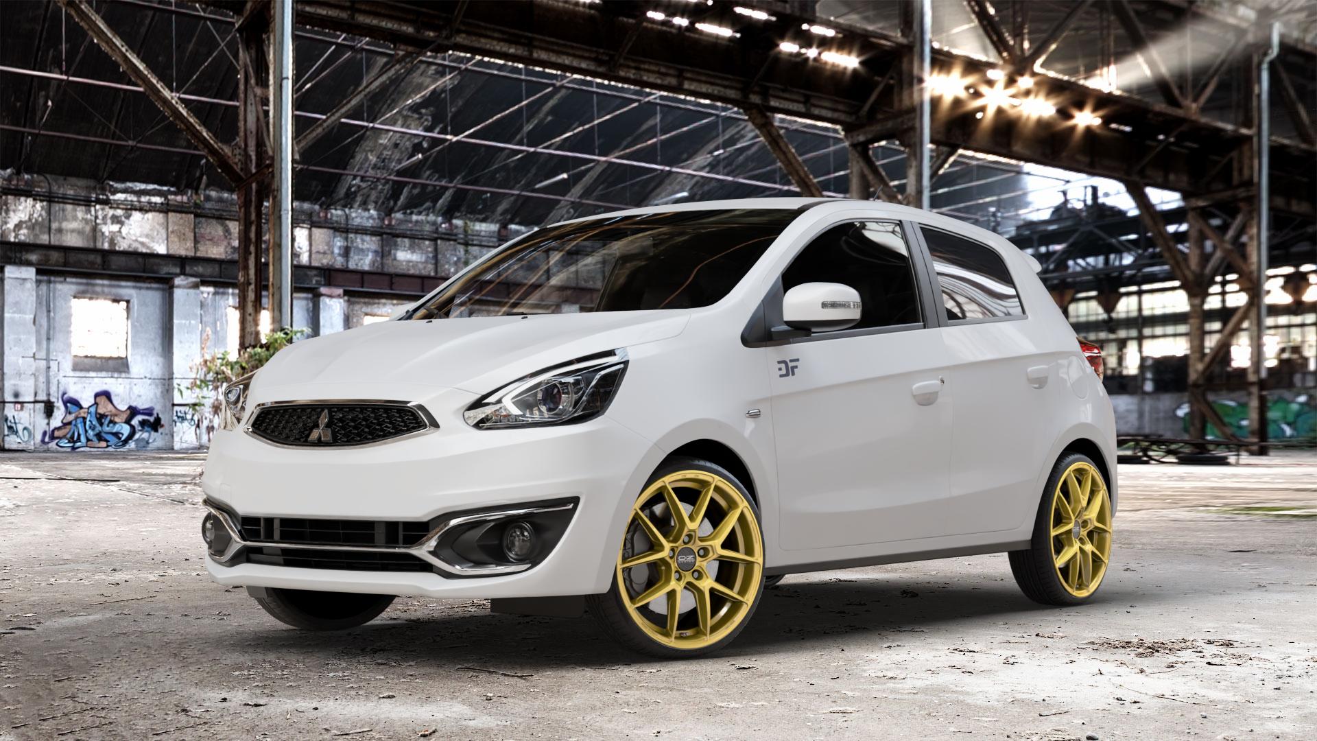 OZ RACING ESTREMA GT HLT RACE GOLD Felge mit Reifen in 18Zoll Winterfelge Alufelge auf weissem Mitsubishi Space Star II Typ A00 Facelift ⬇️ mit 15mm Tieferlegung ⬇️ Old Industrial Hall_max_4400mm_2024 Frontansicht_1