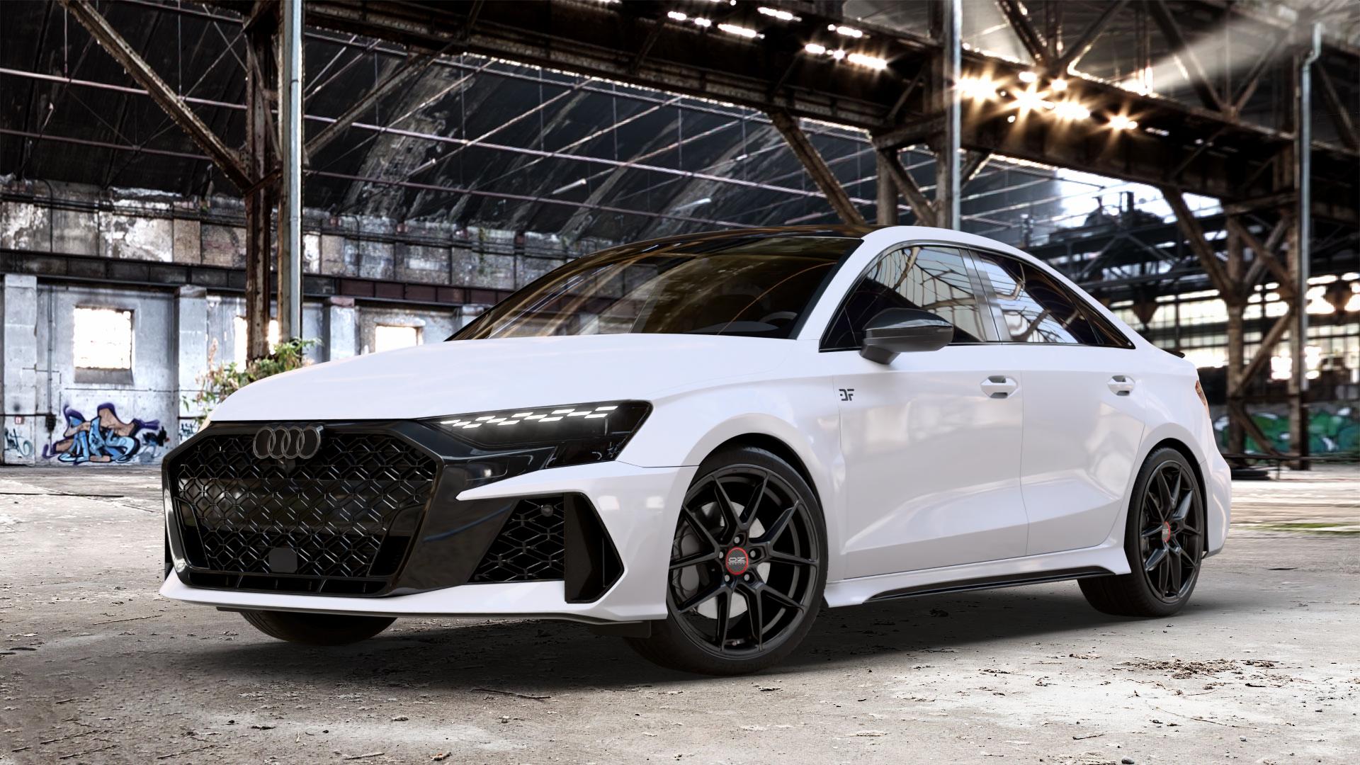 OZ RACING ESTREMA GT HLT SATIN BLACK Felge mit Reifen schwarz in 19Zoll Winterfelge Alufelge auf weissem Audi A3 Typ GY (Limousine) Facelift 2,5l TFSI quattro 294kW RS3 (400 PS) 299kW (407 ⬇️ mit 15mm Tieferlegung ⬇️ Old Industrial Hall_max_4400mm_2024 Frontansicht_1