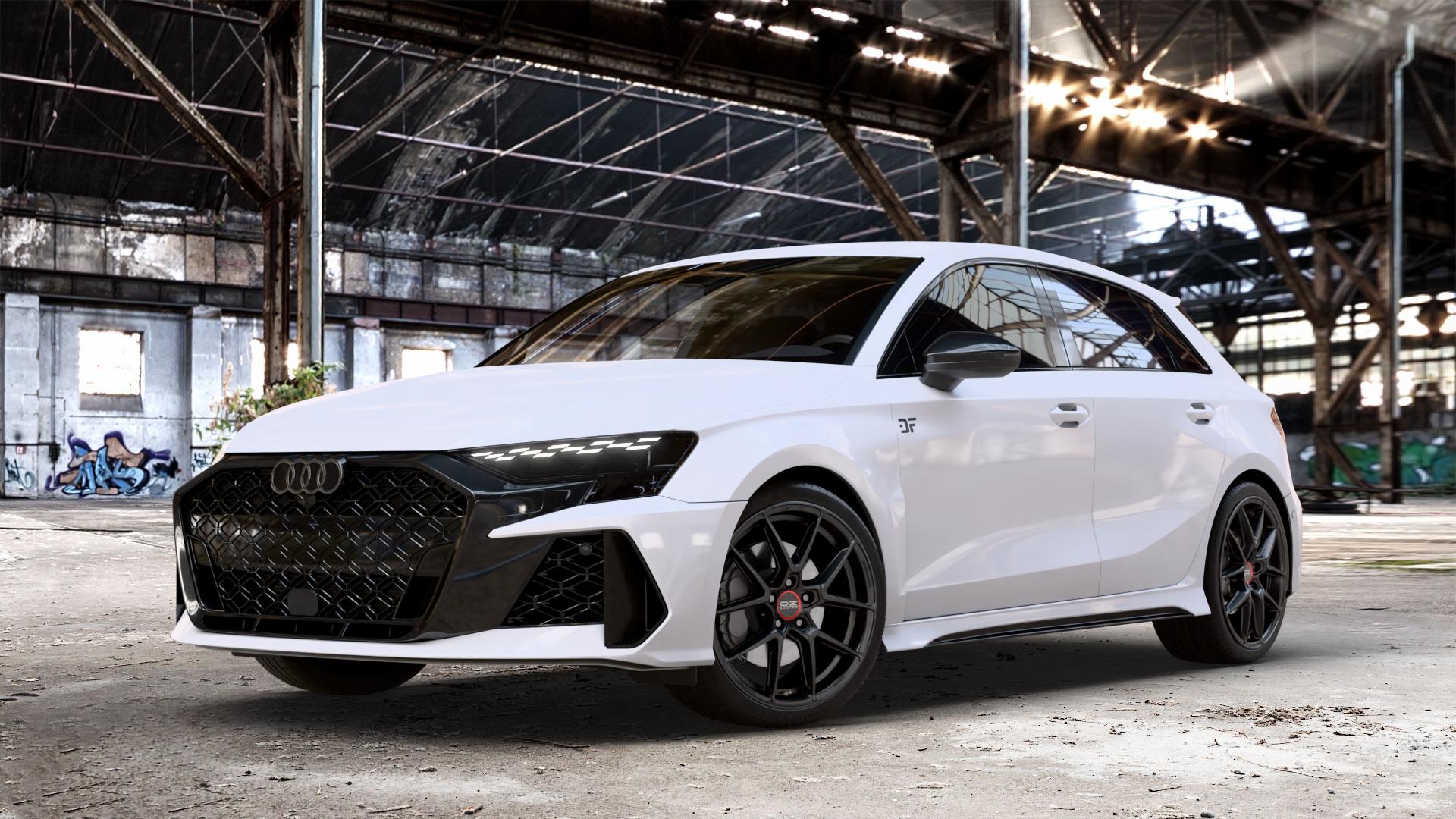 OZ RACING ESTREMA GT HLT SATIN BLACK Felge mit Reifen schwarz in 19Zoll Winterfelge Alufelge auf weissem Audi A3 Typ GY (Sportback) Facelift 2,5l TFSI quattro 294kW RS3 (400 PS) 299kW (407 ⬇️ mit 15mm Tieferlegung ⬇️ Old Industrial Hall_max_4400mm_2024 Frontansicht_1