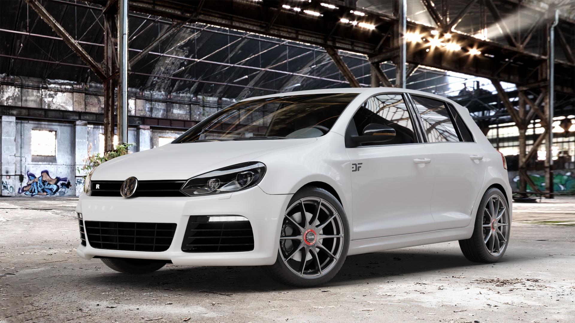 OZ RACING FORMULA HLT GRIGIO CORSA Felge mit Reifen silber Titan grau/silber in 19Zoll Winterfelge Alufelge auf weissem Volkswagen (VW) Golf 6 2,0l Turbo R 4motion 199kW (271 PS) ⬇️ mit 15mm Tieferlegung ⬇️ Old Industrial Hall_max_4400mm_2024 Frontansicht_1