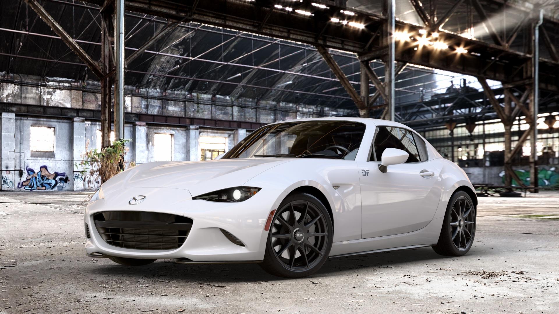 OZ RACING FORMULA HLT MATT BLACK Felge mit Reifen schwarz schwarz matt in 17Zoll Winterfelge Alufelge auf weissem Mazda MX-5 IV RF (ND) ⬇️ mit 15mm Tieferlegung ⬇️ Old Industrial Hall_max_4400mm_2024 Frontansicht_1