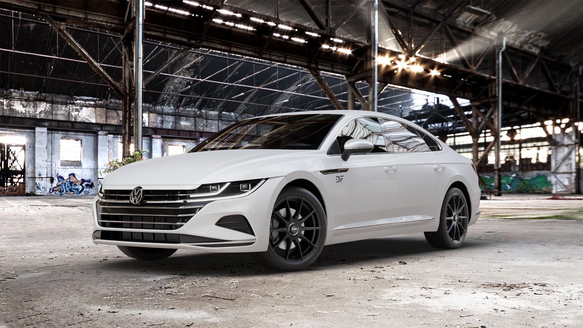OZ RACING FORMULA HLT MATT BLACK Felge mit Reifen schwarz schwarz matt in 19Zoll Winterfelge Alufelge auf weissem Volkswagen (VW) Arteon Typ 3H Facelift ⬇️ mit 15mm Tieferlegung ⬇️ Old Industrial Hall_max_5300mm_2024 Frontansicht_1