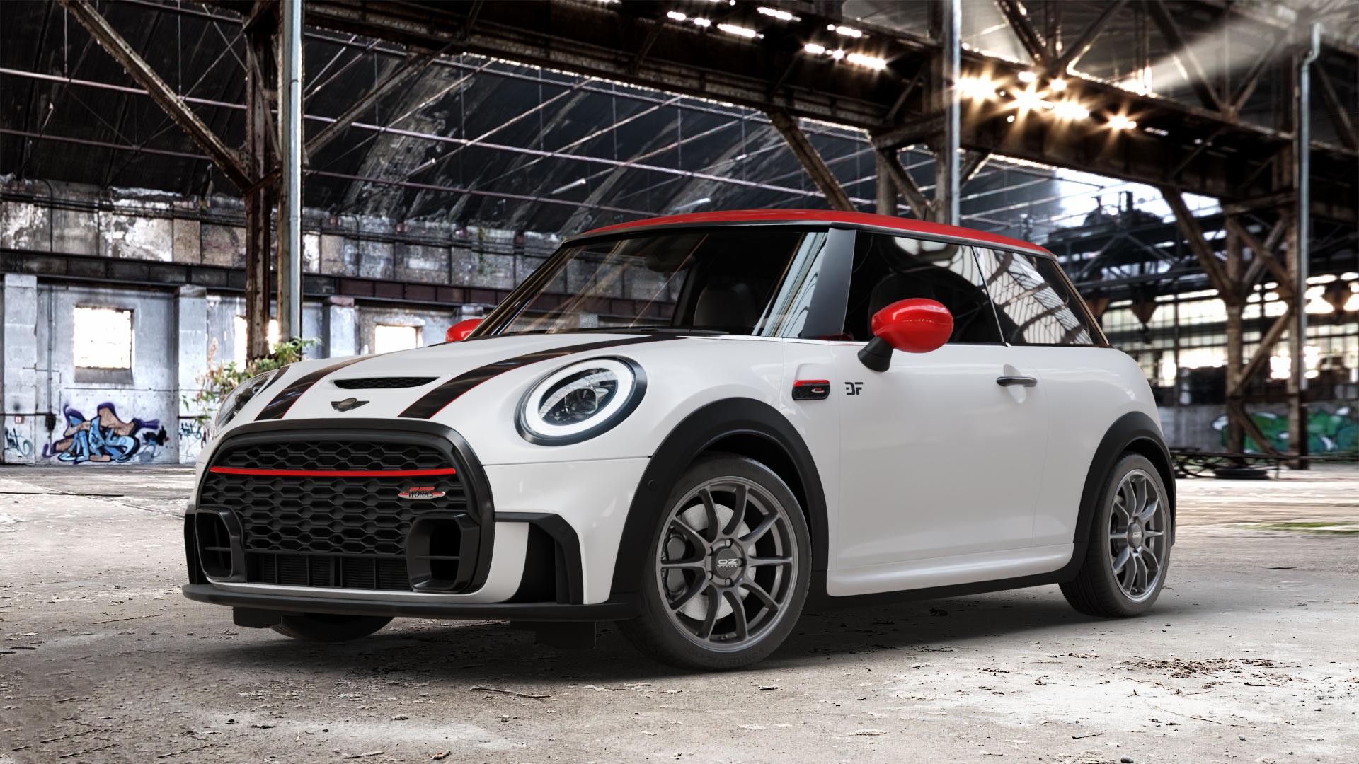 OZ RACING HYPER GT STAR GRAPHITE Felge mit Reifen grau anthrazit grau/silber in 17Zoll Winterfelge Alufelge auf weissem Mini F56 Typ FML2 (3-Türer Limousine) Facelift 21-> 2,0l Cooper S 131kW (178 PS) 120kW (163 JCW 170kW (231 ⬇️ mit 15mm Tieferlegung ⬇️ Old Industrial Hall_max_4400mm_2024 Frontansicht_1