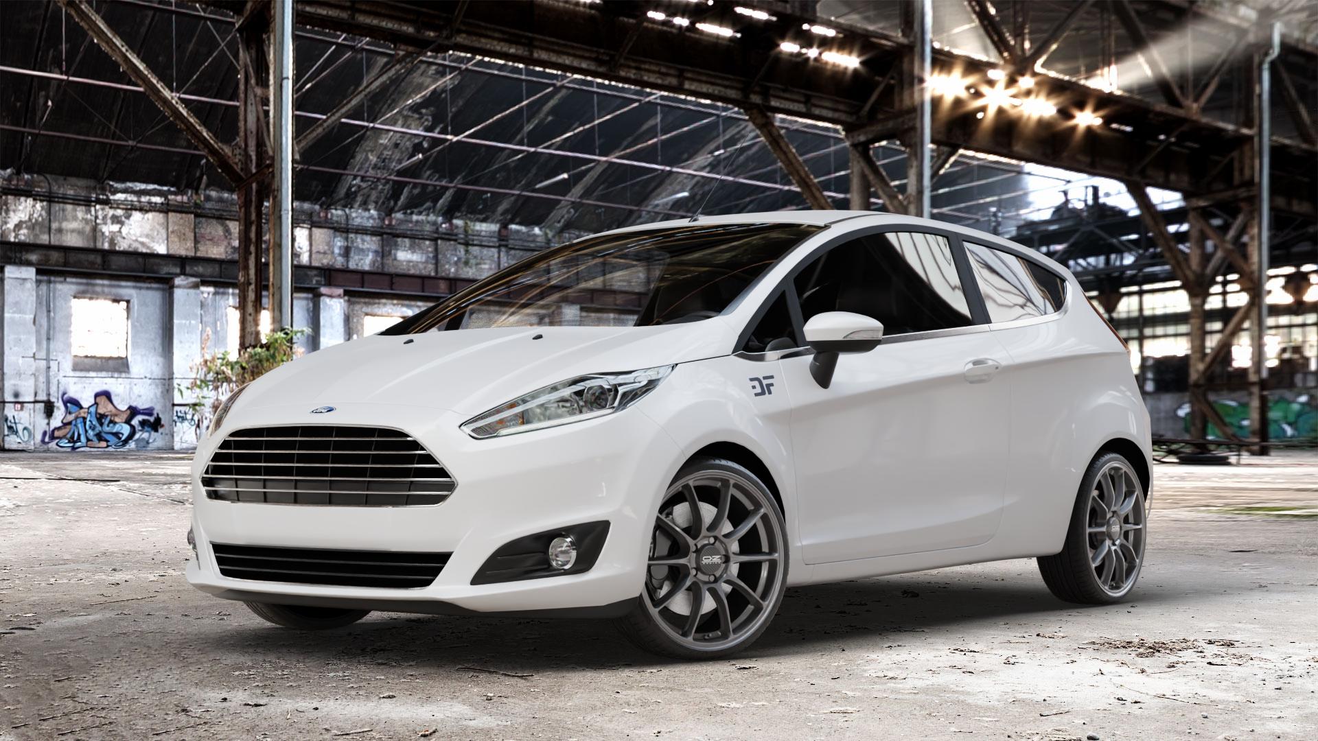OZ RACING HYPER GT STAR GRAPHITE Felge mit Reifen grau anthrazit grau/silber in 18Zoll Winterfelge Alufelge auf weissem Ford Fiesta VI Typ JA8 Facelift ⬇️ mit 15mm Tieferlegung ⬇️ Old Industrial Hall_max_4400mm_2024 Frontansicht_1