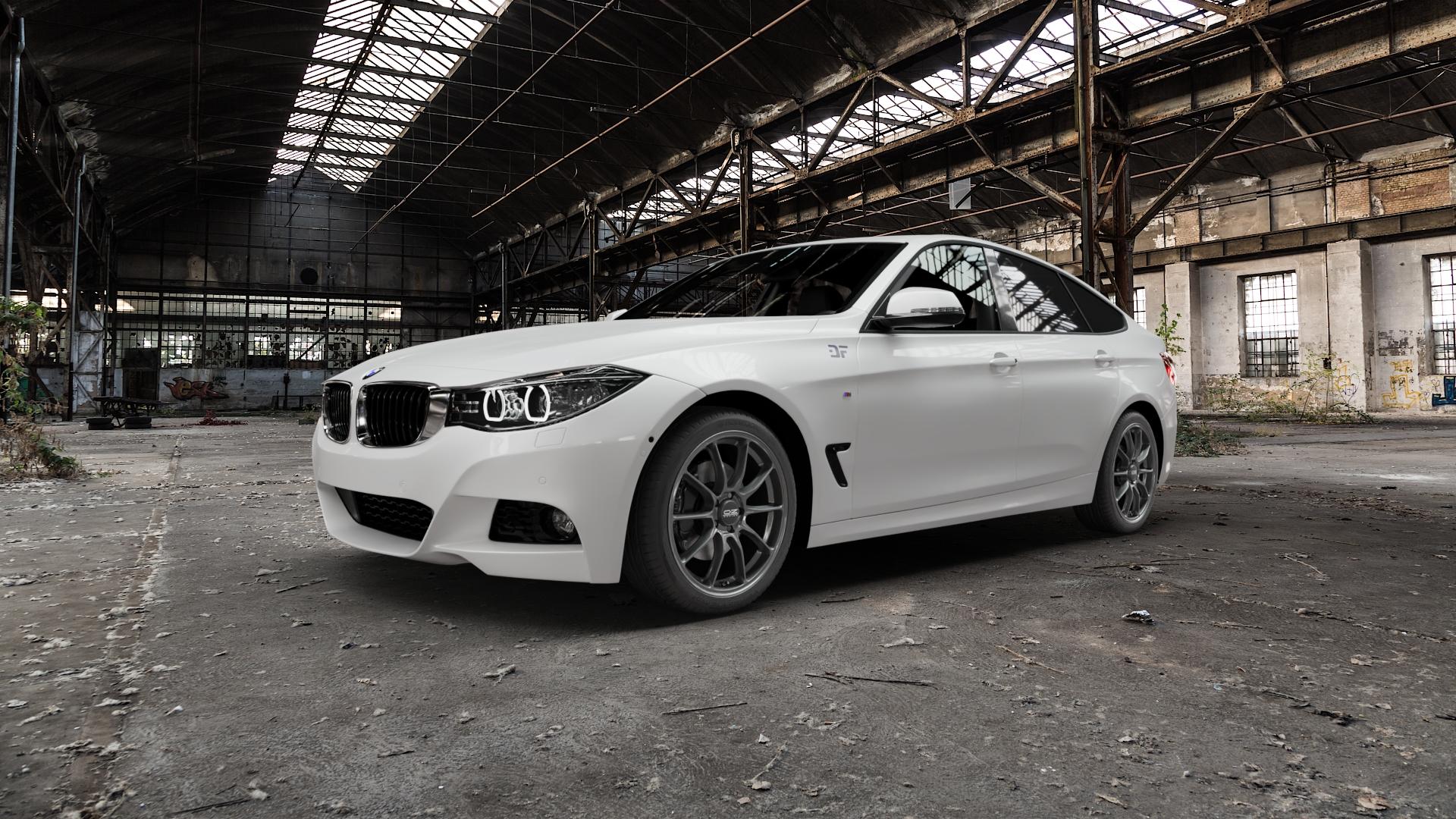OZ RACING HYPER GT STAR GRAPHITE Felge mit Reifen grau anthrazit grau/silber in 19Zoll Winterfelge Alufelge auf weissem BMW 320i Typ F34 (Gran Turismo) 328i 335i 318d 320d 325d xDrive 330d 335d 340i 330i 3er GT (3-V, 3K-N1) ⬇️ mit 15mm Tieferlegung ⬇️ Old Industrial Hall_max5000mm_2022 Frontansicht_1