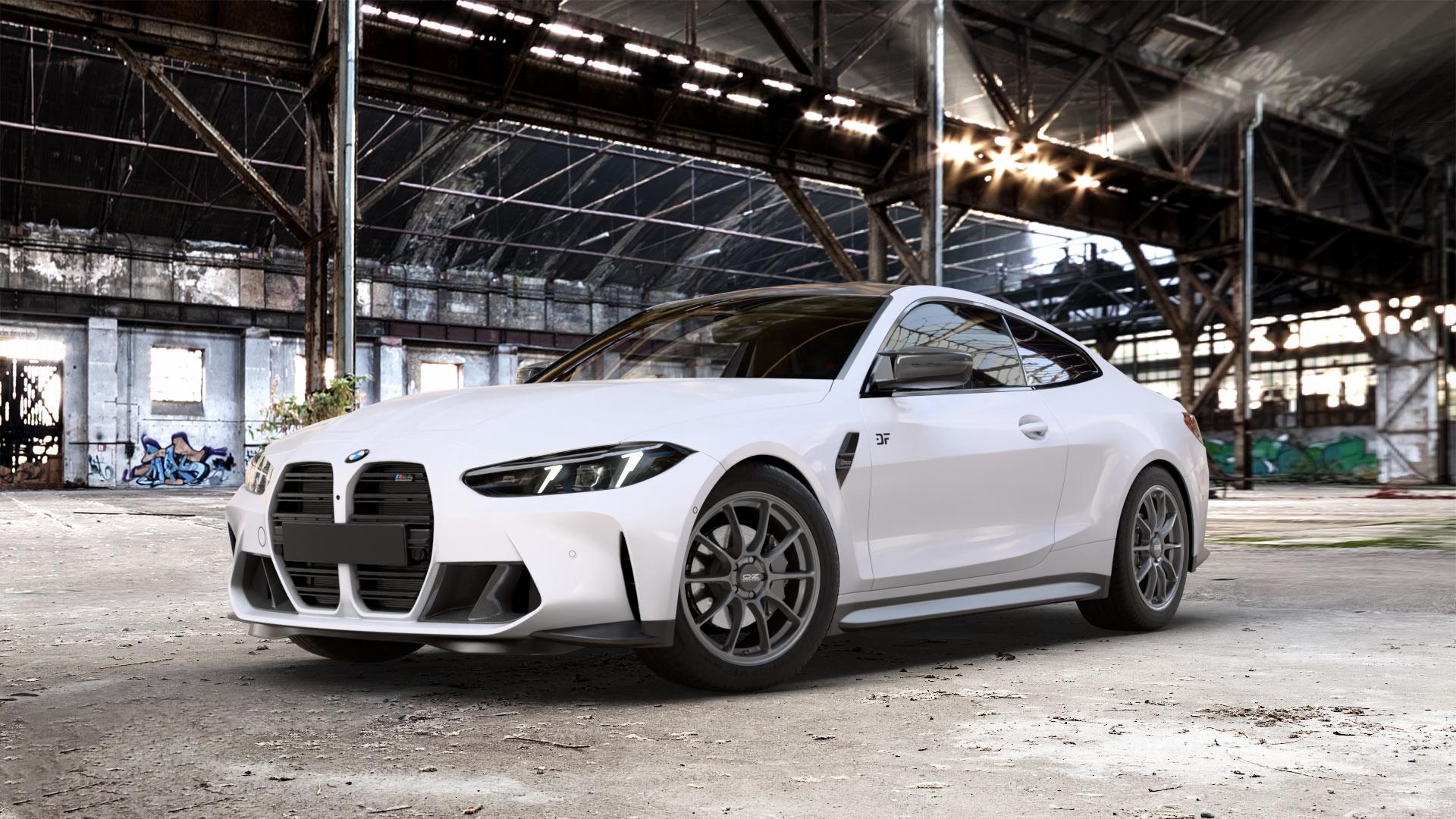 OZ RACING HYPER GT STAR GRAPHITE Felge mit Reifen grau anthrazit grau/silber in 19Zoll Winterfelge Alufelge auf weissem BMW M4 Typ G82 (Coupe) Facelift 3,0l 390kW Competition xDrive (530 PS) CS 405kW (551 353kW (480 375kW (510 ⬇️ mit 15mm Tieferlegung ⬇️ Old Industrial Hall_max_5300mm_2024 Frontansicht_1