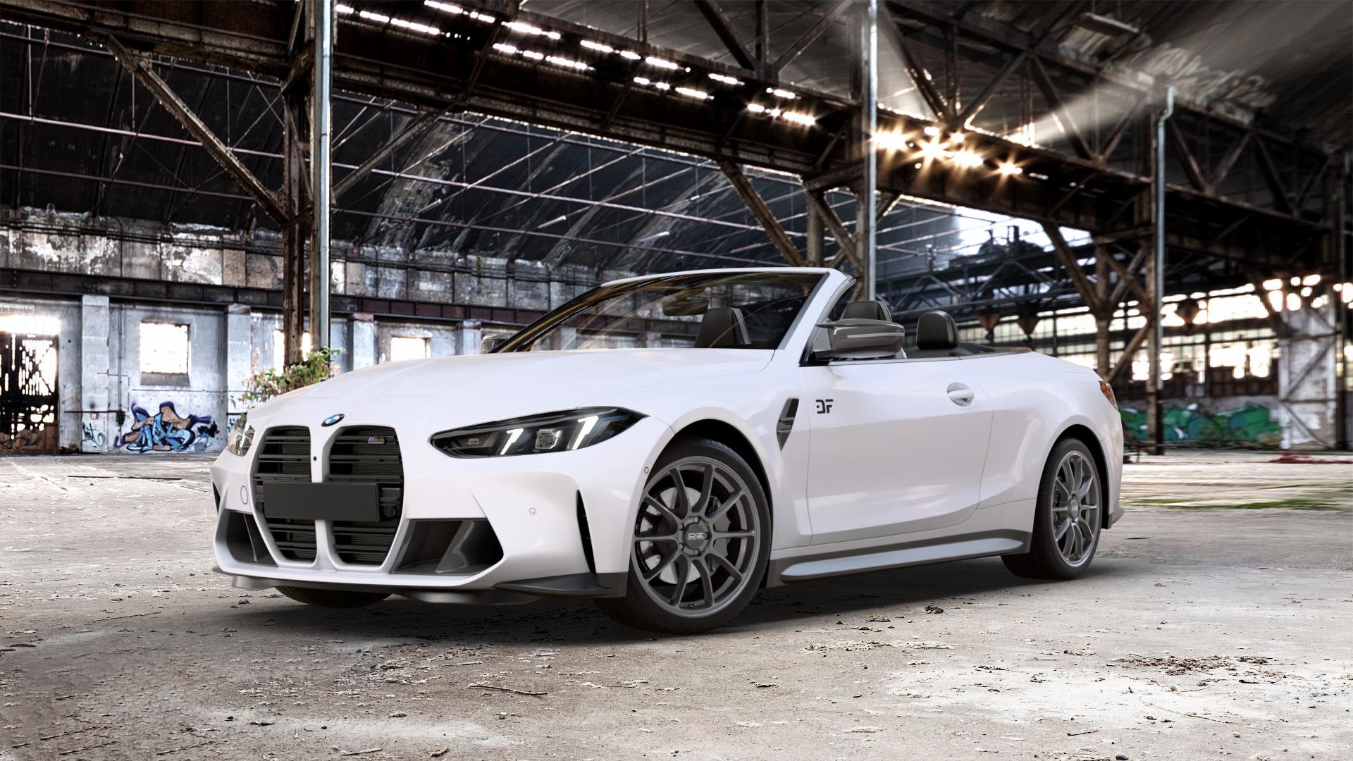OZ RACING HYPER GT STAR GRAPHITE Felge mit Reifen grau anthrazit grau/silber in 19Zoll Winterfelge Alufelge auf weissem BMW M4 Typ G83 (Cabrio) Facelift 3,0l 390kW Competition xDrive (530 PS) ⬇️ mit 15mm Tieferlegung ⬇️ Old Industrial Hall_max_5300mm_2024 Frontansicht_1