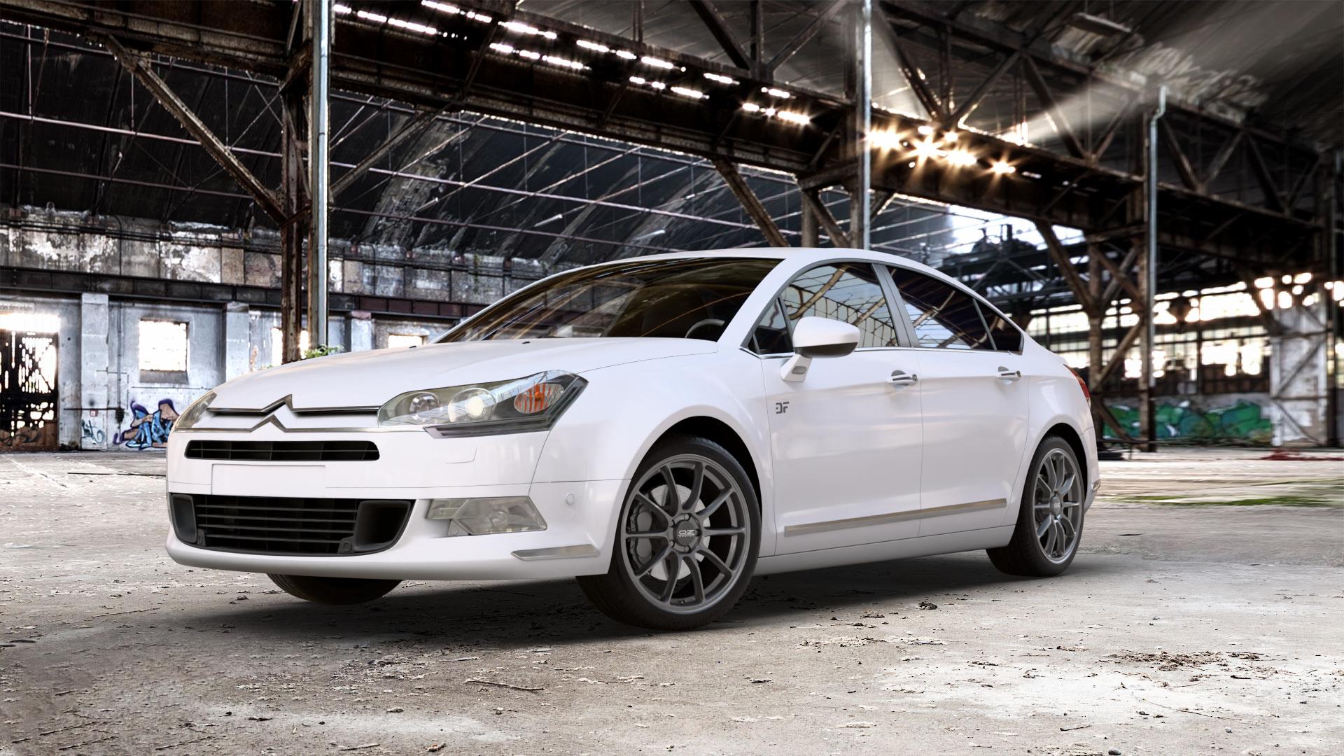 OZ RACING HYPER GT STAR GRAPHITE Felge mit Reifen grau anthrazit grau/silber in 19Zoll Winterfelge Alufelge auf weissem Citroen C5 II ⬇️ mit 15mm Tieferlegung ⬇️ Old Industrial Hall_max_5300mm_2024 Frontansicht_1