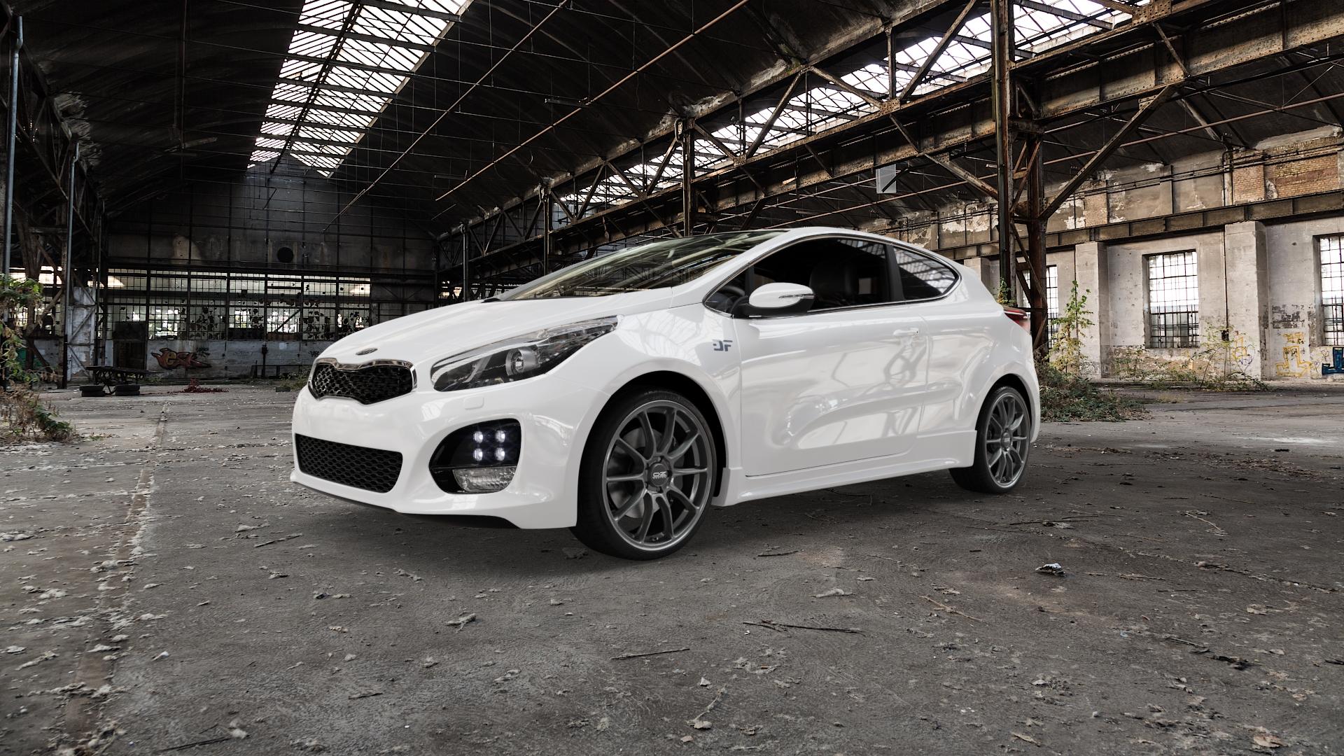 OZ RACING HYPER GT STAR GRAPHITE Felge mit Reifen grau anthrazit grau/silber in 19Zoll Winterfelge Alufelge auf weissem Kia Pro Cee d Typ JD Facelift ⬇️ mit 15mm Tieferlegung ⬇️ Old Industrial Hall_max5000mm_2022 Frontansicht_1