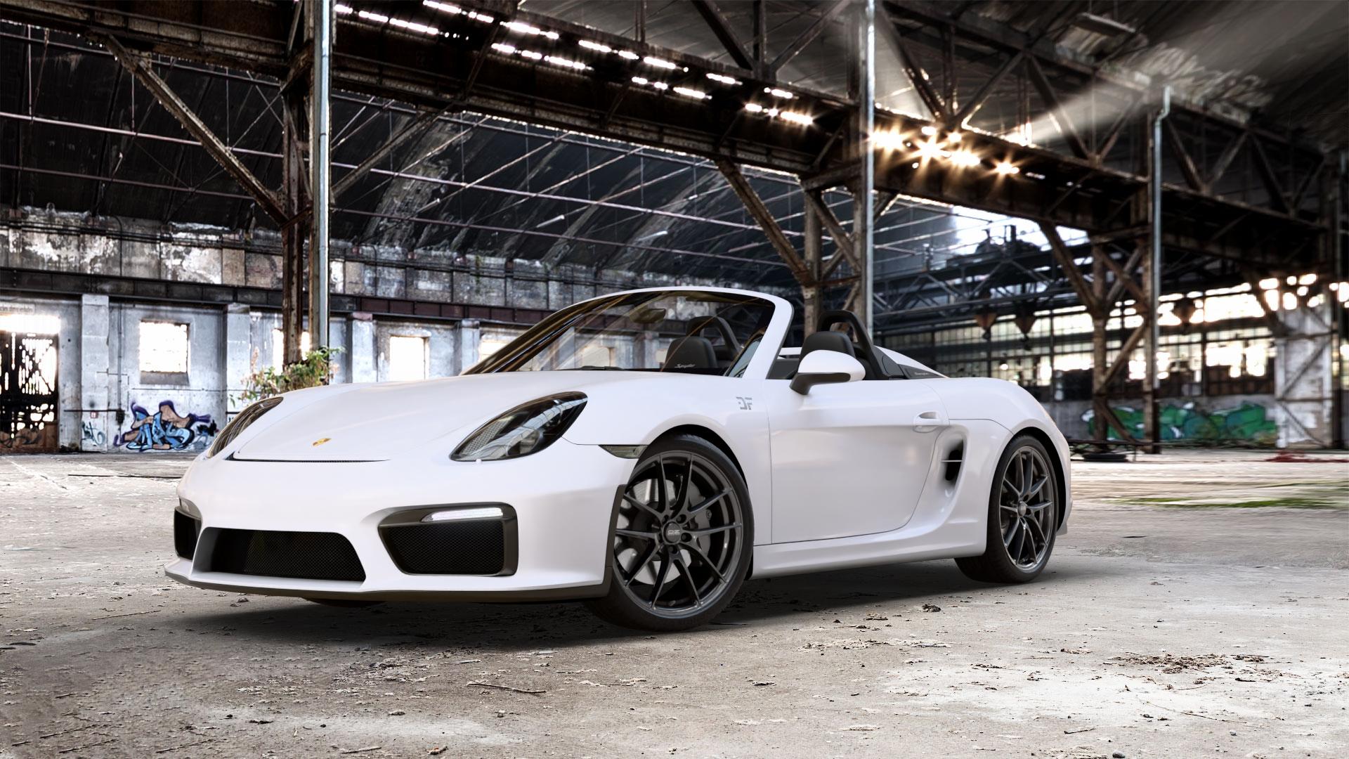 OZ RACING LEGGERA HLT GLOSS BLACK Felge mit Reifen schwarz in 20Zoll Winterfelge Alufelge auf weissem Porsche Boxster Typ 981 Spyder ⬇️ mit 15mm Tieferlegung ⬇️ Old Industrial Hall_max_5300mm_2024 Frontansicht_1