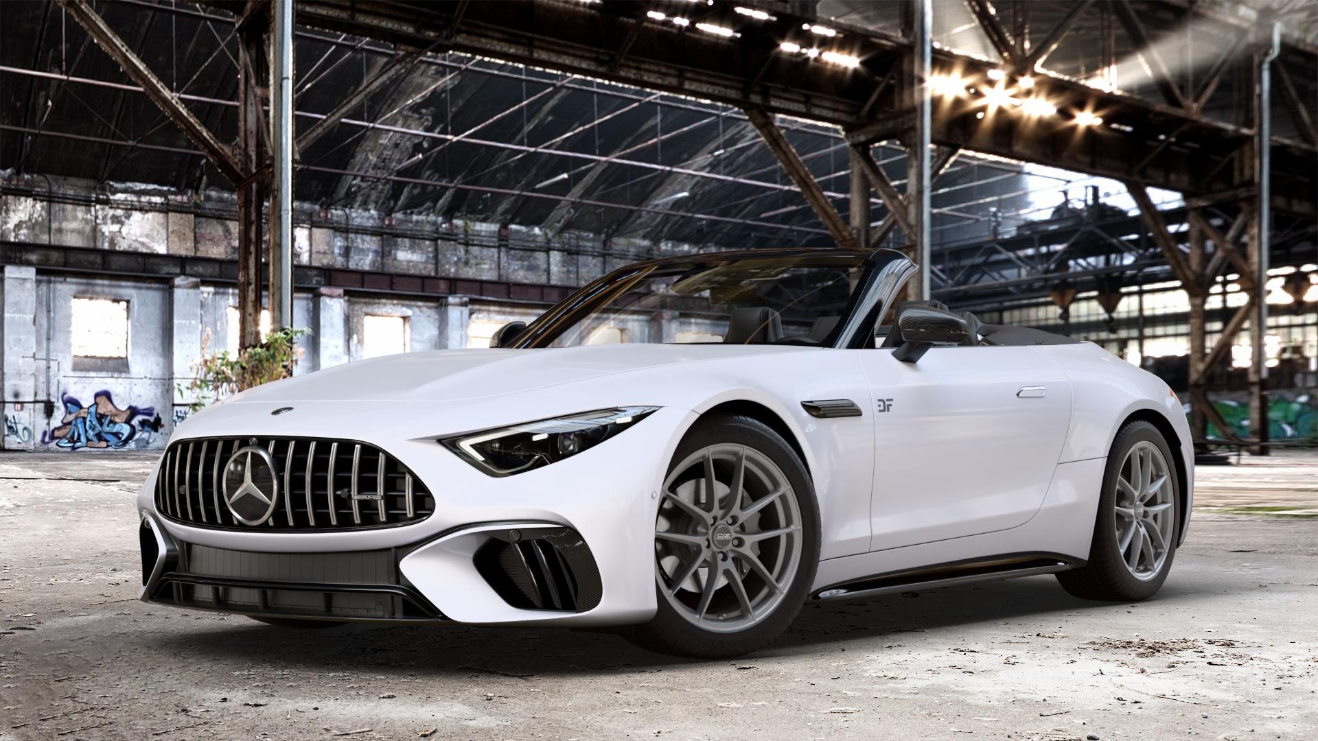 OZ RACING LEGGERA HLT GRIGIO CORSA BRIGHT Felge mit Reifen silber Titan silber/grau in 19Zoll Winterfelge Alufelge auf weissem Mercedes SL Typ R232 2,0l 43 280kW Mild-Hybrid (381 PS) 4,0l 55 4MATIC+ 350kW (476 63 430kW (585 ⬇️ mit 15mm Tieferlegung ⬇️ Old Industrial Hall_max_4400mm_2024 Frontansicht_1