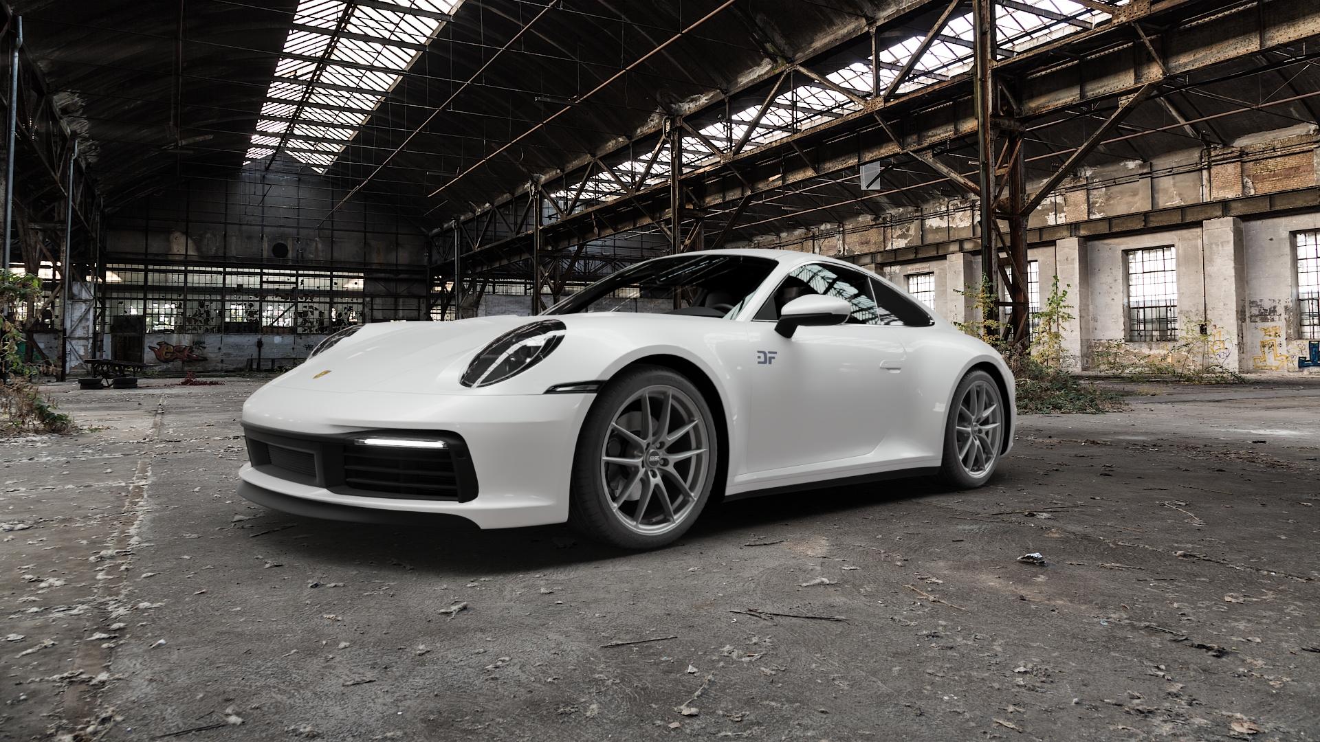 OZ RACING LEGGERA HLT GRIGIO CORSA BRIGHT Felge mit Reifen silber Titan silber/grau in 19Zoll Winterfelge Alufelge auf weissem Porsche 911 Typ 992 Cabriolet 992TR Targa Facelift ⬇️ mit 15mm Tieferlegung ⬇️ Old Industrial Hall_max5000mm_2022 Frontansicht_1