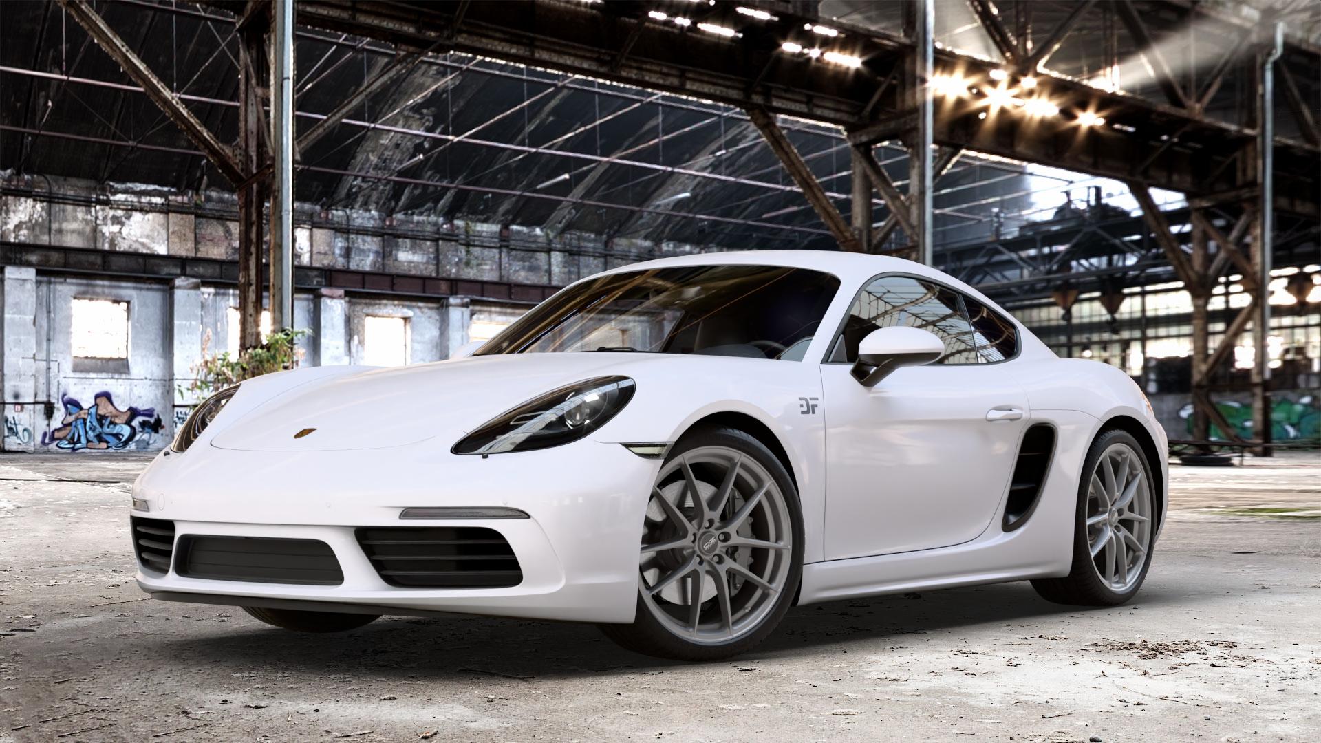 OZ RACING LEGGERA HLT GRIGIO CORSA BRIGHT Felge mit Reifen silber Titan silber/grau in 20Zoll Winterfelge Alufelge auf weissem Porsche 718 Cayman Typ 982 ⬇️ mit 15mm Tieferlegung ⬇️ Old Industrial Hall_max_4400mm_2024 Frontansicht_1