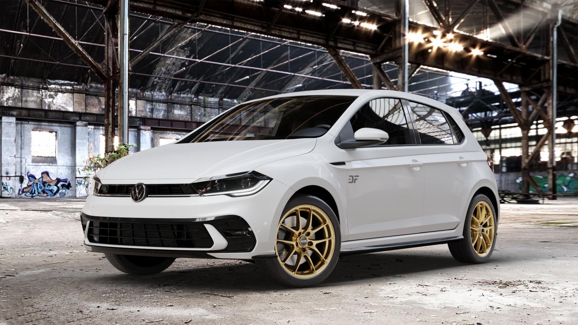 OZ RACING LEGGERA HLT RACE GOLD Felge mit Reifen in 17Zoll Winterfelge Alufelge auf weissem Volkswagen (VW) Polo VI Typ AW Facelift 1,0l TGI 66kW (90 PS) TSI 81kW (110 70kW (95 MPI 59kW (80 ⬇️ mit 15mm Tieferlegung ⬇️ Old Industrial Hall_max_4400mm_2024 Frontansicht_1