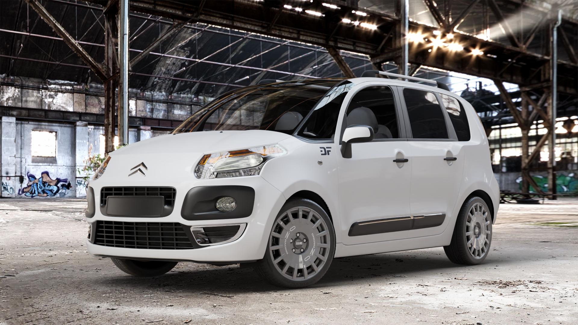 OZ RACING RALLY RACING DARK GRAPHITE SILVER LETTERING Felge mit Reifen grau silber in 17Zoll Winterfelge Alufelge auf weissem Citroen C3 Picasso ⬇️ mit 15mm Tieferlegung ⬇️ Old Industrial Hall_max_4400mm_2024 Frontansicht_1