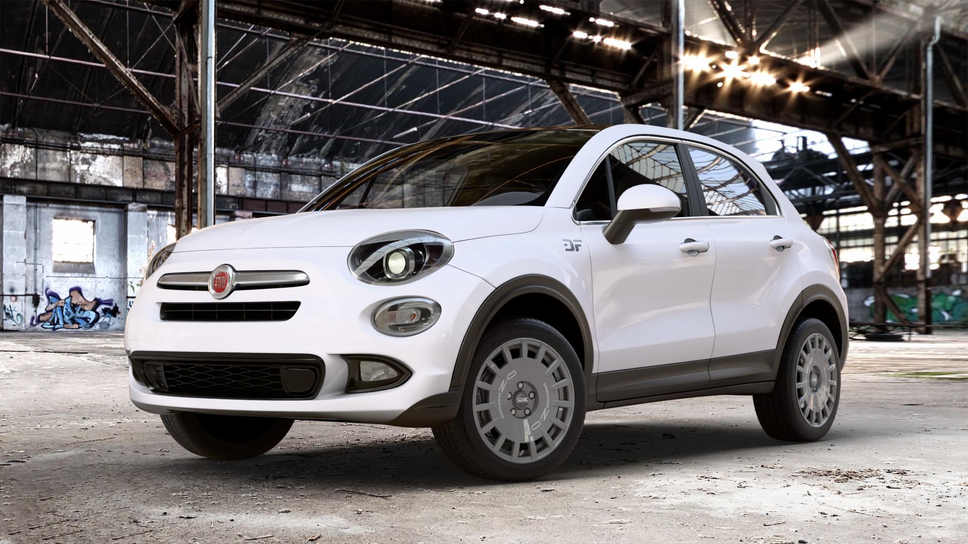 OZ RACING RALLY RACING DARK GRAPHITE SILVER LETTERING Felge mit Reifen grau silber in 17Zoll Winterfelge Alufelge auf weissem Fiat 500 X City Off-Road Typ 334 Facelift ⬇️ mit 15mm Tieferlegung ⬇️ Old Industrial Hall_max_4400mm_2024 Frontansicht_1