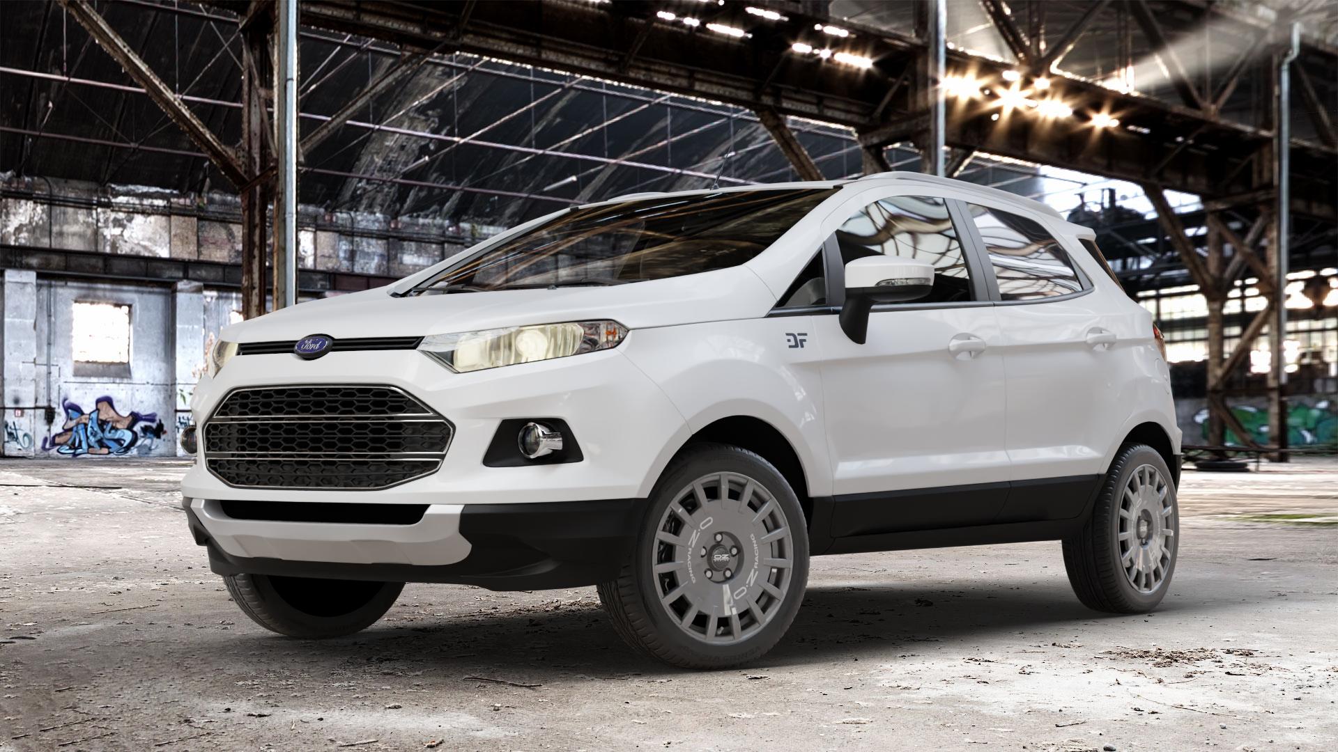 OZ RACING RALLY RACING DARK GRAPHITE SILVER LETTERING Felge mit Reifen grau silber in 17Zoll Winterfelge Alufelge auf weissem Ford EcoSport Typ JK8 ⬇️ mit 15mm Tieferlegung ⬇️ Old Industrial Hall_max_4400mm_2024 Frontansicht_1