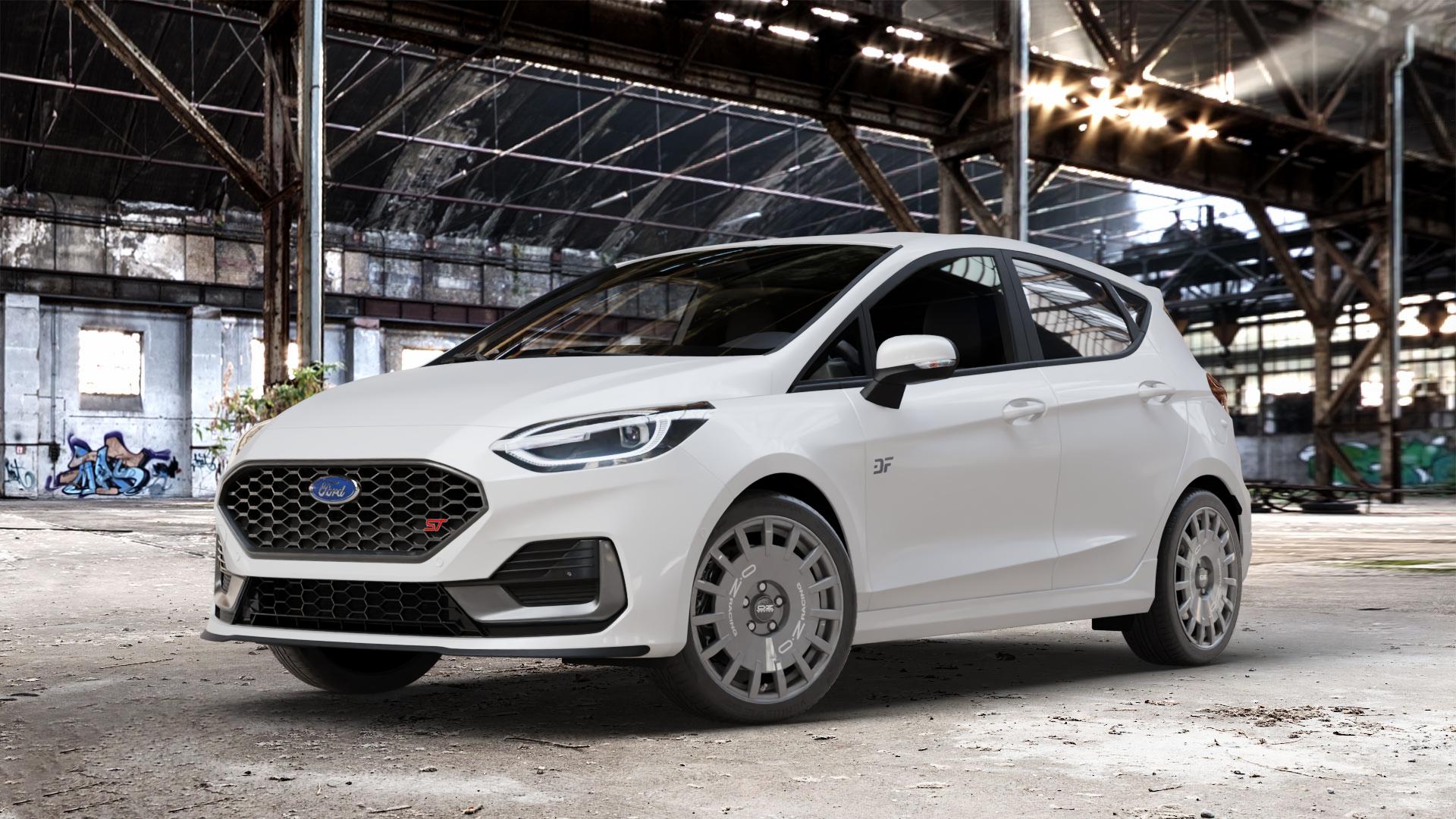 OZ RACING RALLY RACING DARK GRAPHITE SILVER LETTERING Felge mit Reifen grau silber in 17Zoll Winterfelge Alufelge auf weissem Ford Fiesta VII Typ JHH Facelift 1,5l EcoBoost 147kW ST (200 PS) ⬇️ mit 15mm Tieferlegung ⬇️ Old Industrial Hall_max_4400mm_2024 Frontansicht_1