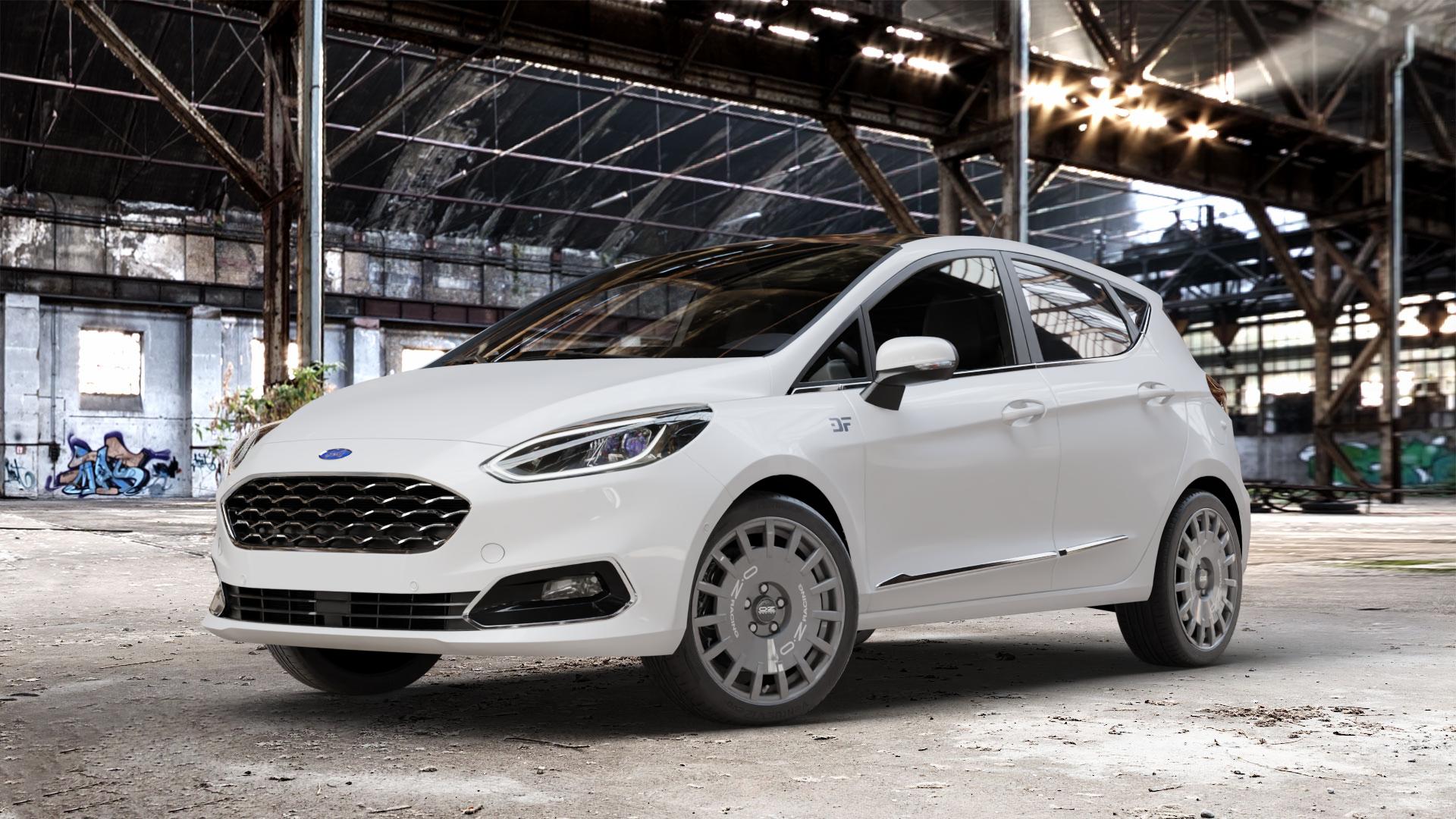 OZ RACING RALLY RACING DARK GRAPHITE SILVER LETTERING Felge mit Reifen grau silber in 17Zoll Winterfelge Alufelge auf weissem Ford Fiesta VII Typ JHH ⬇️ mit 15mm Tieferlegung ⬇️ Old Industrial Hall_max_4400mm_2024 Frontansicht_1