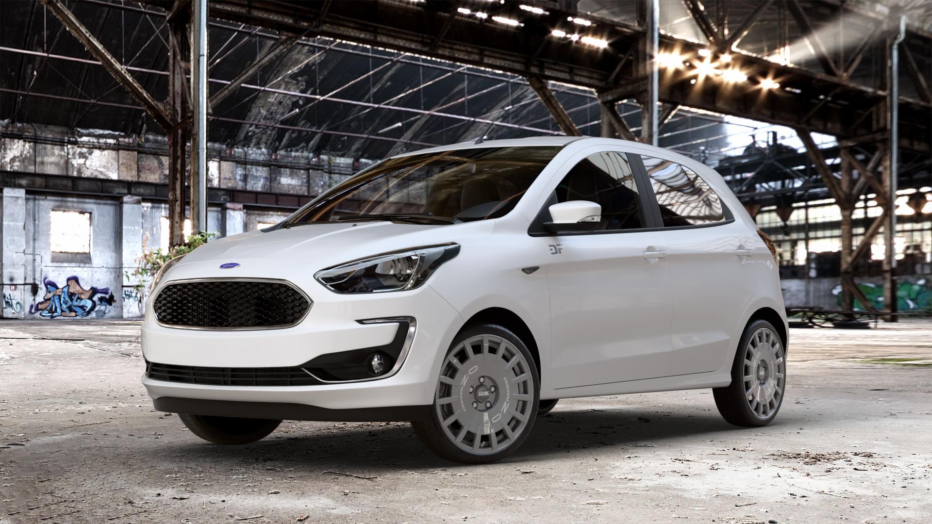 OZ RACING RALLY RACING DARK GRAPHITE SILVER LETTERING Felge mit Reifen grau silber in 17Zoll Winterfelge Alufelge auf weissem Ford KA+ Typ KAF ACTIVE Facelift KA ⬇️ mit 15mm Tieferlegung ⬇️ Old Industrial Hall_max_4400mm_2024 Frontansicht_1