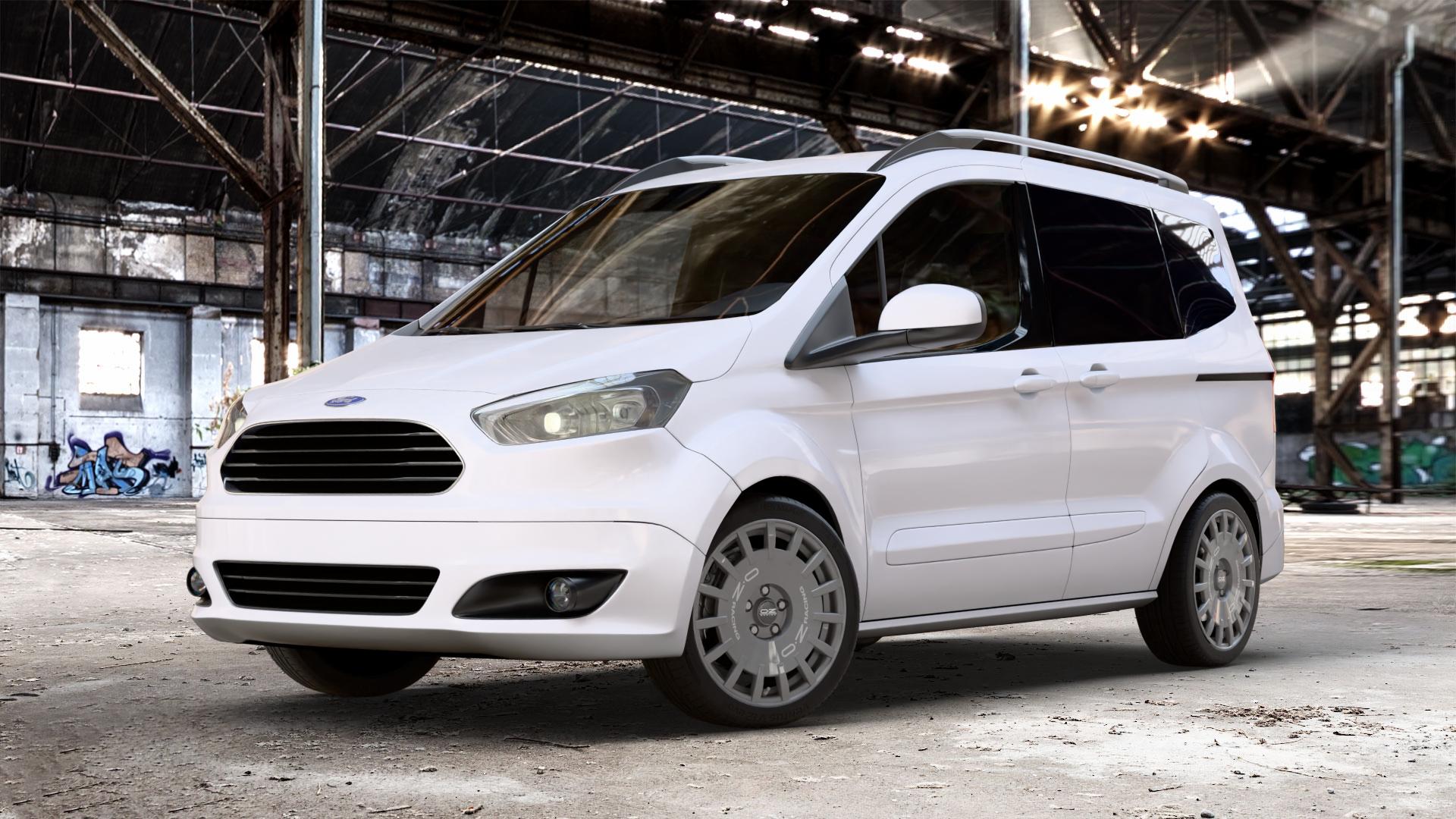 OZ RACING RALLY RACING DARK GRAPHITE SILVER LETTERING Felge mit Reifen grau silber in 17Zoll Winterfelge Alufelge auf weissem Ford Tourneo Courier Typ JU2 (14->) N1P ⬇️ mit 15mm Tieferlegung ⬇️ Old Industrial Hall_max_4400mm_2024 Frontansicht_1