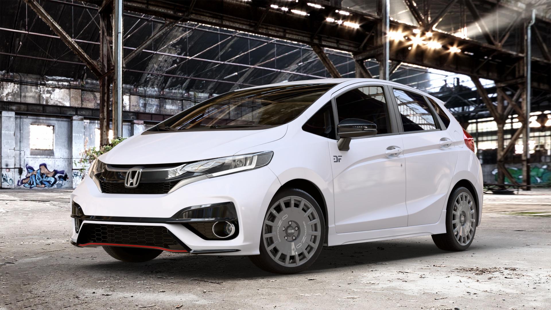 OZ RACING RALLY RACING DARK GRAPHITE SILVER LETTERING Felge mit Reifen grau silber in 17Zoll Winterfelge Alufelge auf weissem Honda Jazz IV (GK) Facelift ⬇️ mit 15mm Tieferlegung ⬇️ Old Industrial Hall_max_4400mm_2024 Frontansicht_1