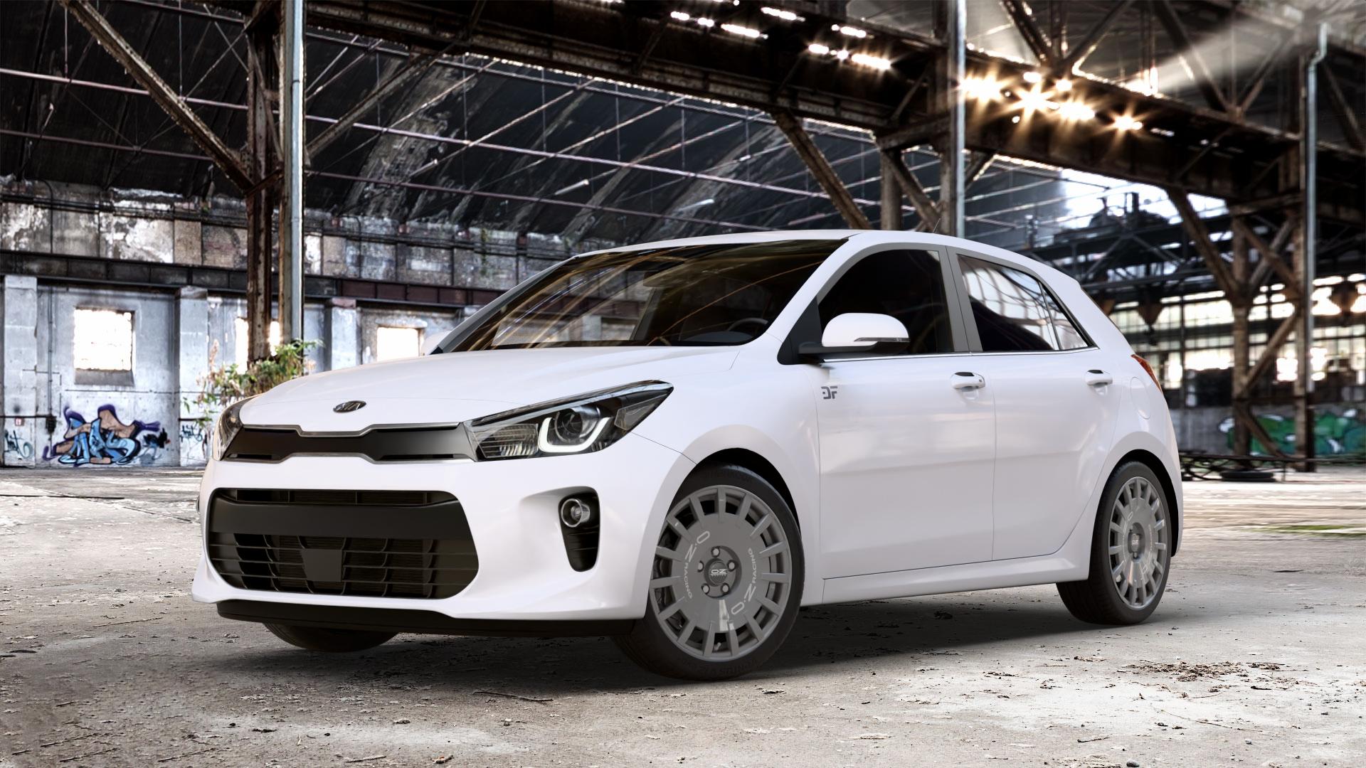 OZ RACING RALLY RACING DARK GRAPHITE SILVER LETTERING Felge mit Reifen grau silber in 17Zoll Winterfelge Alufelge auf weissem Kia Rio IV Typ YB Facelift ⬇️ mit 15mm Tieferlegung ⬇️ Old Industrial Hall_max_4400mm_2024 Frontansicht_1