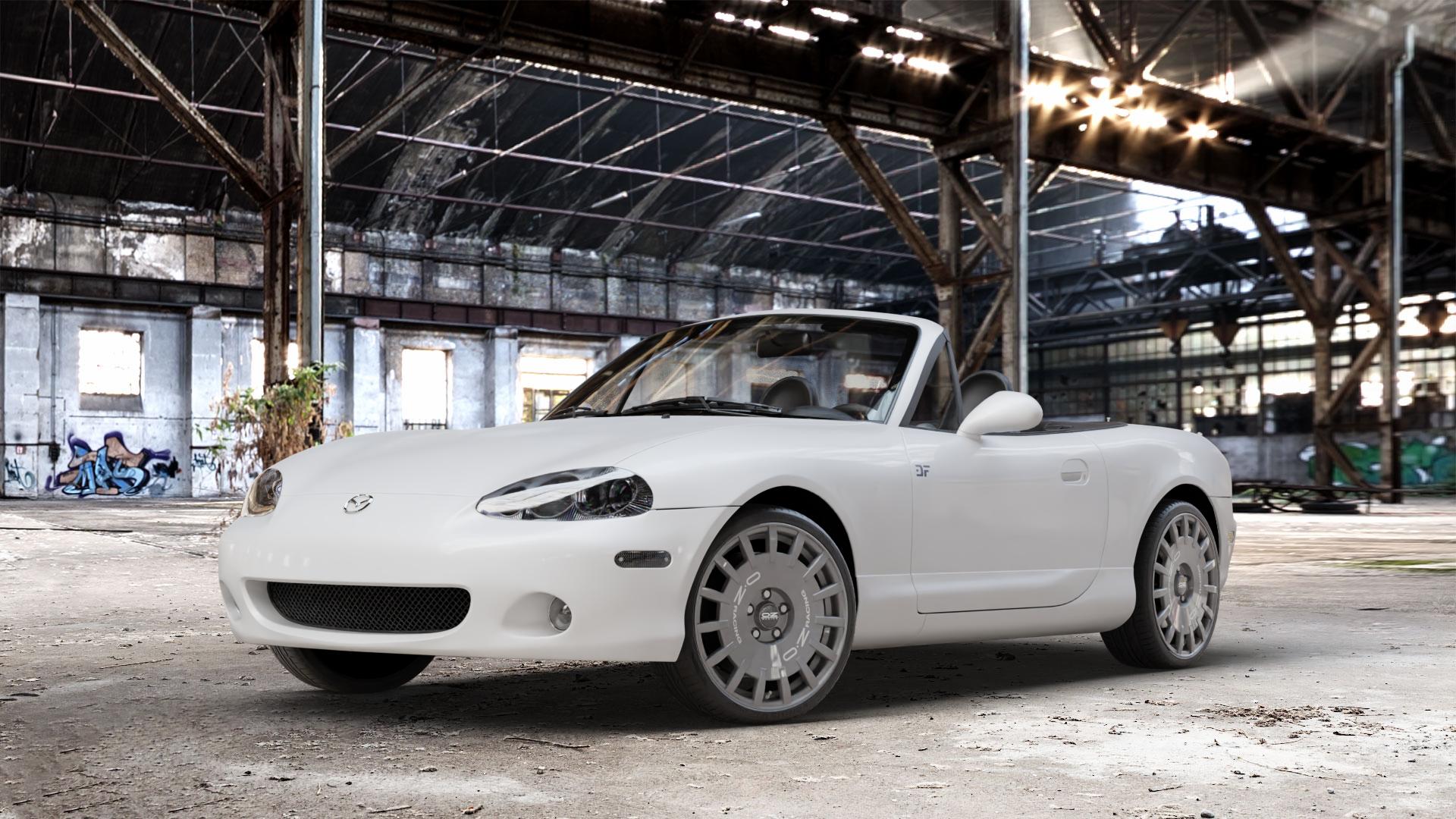 OZ RACING RALLY RACING DARK GRAPHITE SILVER LETTERING Felge mit Reifen grau silber in 17Zoll Winterfelge Alufelge auf weissem Mazda MX-5 II (NB) ⬇️ mit 15mm Tieferlegung ⬇️ Old Industrial Hall_max_4400mm_2024 Frontansicht_1