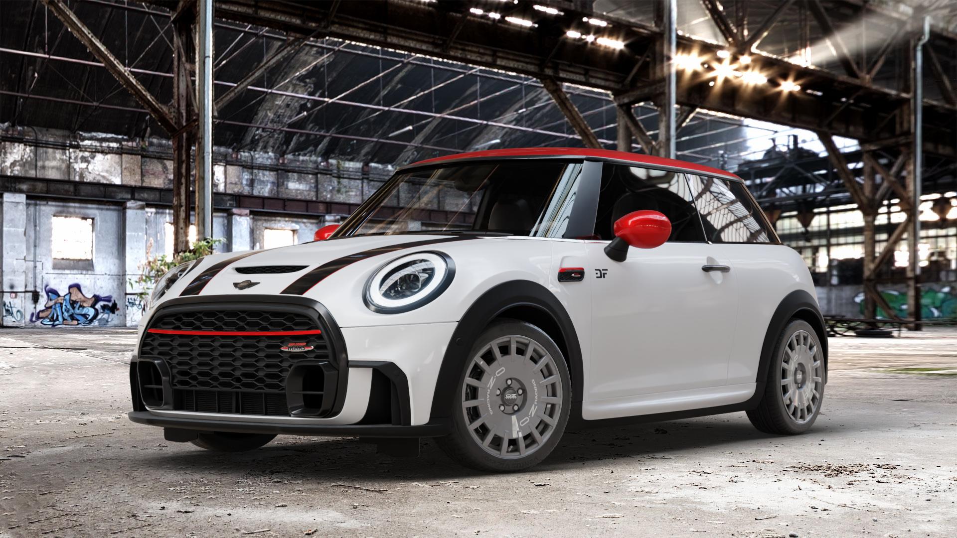 OZ RACING RALLY RACING DARK GRAPHITE SILVER LETTERING Felge mit Reifen grau silber in 17Zoll Winterfelge Alufelge auf weissem Mini F56 Typ FML2 (3-Türer Limousine) Facelift 21-> 2,0l Cooper S 131kW (178 PS) 120kW (163 JCW 170kW (231 ⬇️ mit 15mm Tieferlegung ⬇️ Old Industrial Hall_max_4400mm_2024 Frontansicht_1