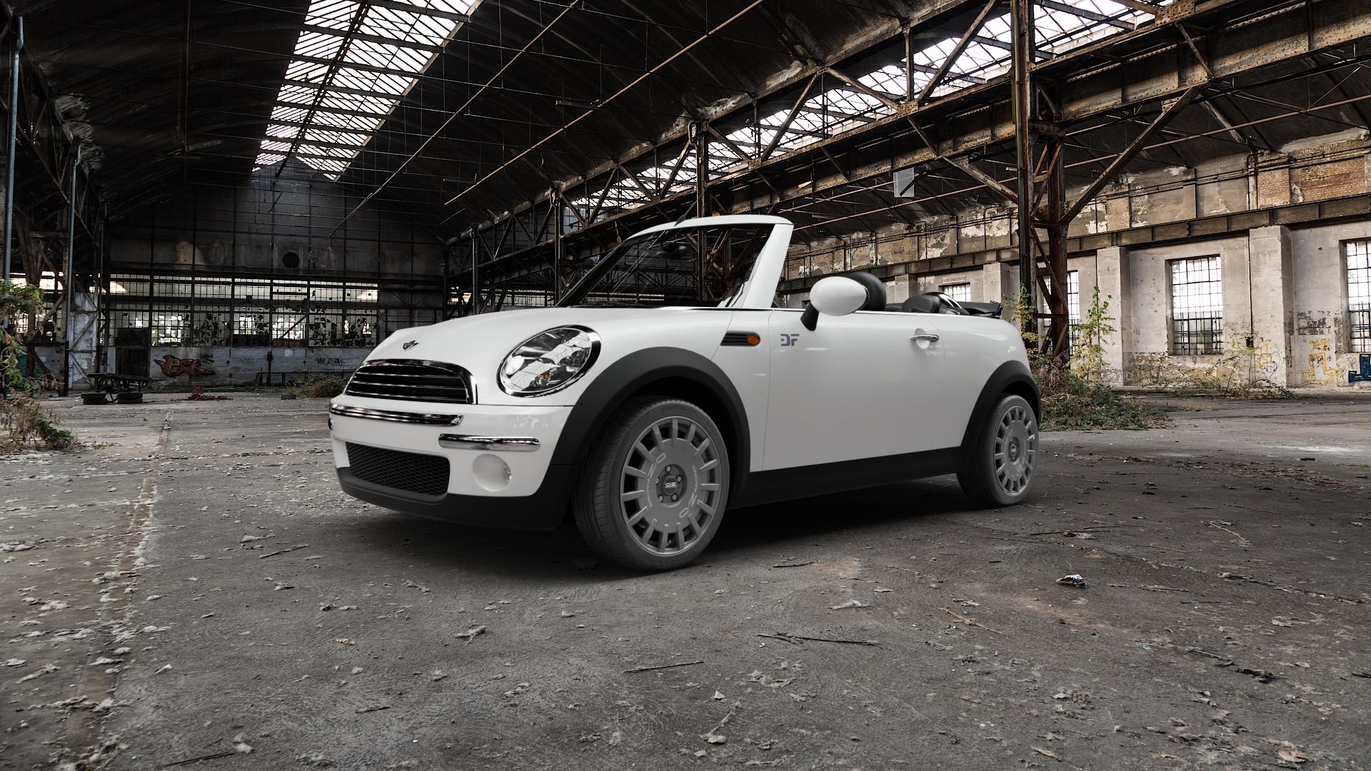 OZ RACING RALLY RACING DARK GRAPHITE SILVER LETTERING Felge mit Reifen grau silber in 17Zoll Winterfelge Alufelge auf weissem Mini R52 Typ MINI (Cabriolet) ⬇️ mit 15mm Tieferlegung ⬇️ Old Industrial Hall_max5000mm_2022 Frontansicht_1