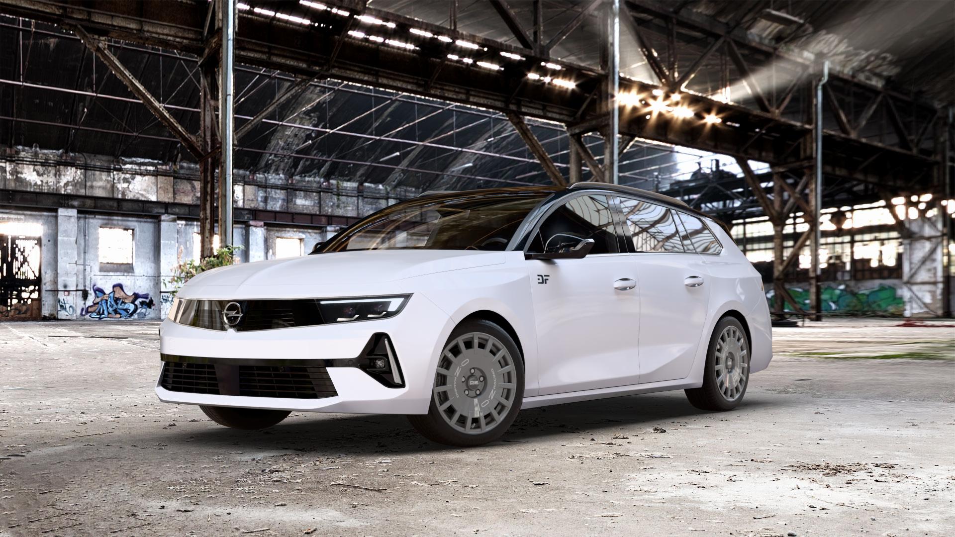 OZ RACING RALLY RACING DARK GRAPHITE SILVER LETTERING Felge mit Reifen grau silber in 17Zoll Winterfelge Alufelge auf weissem Opel Astra L Sports Tourer Typ F Facelift ⬇️ mit 15mm Tieferlegung ⬇️ Old Industrial Hall_max_5300mm_2024 Frontansicht_1