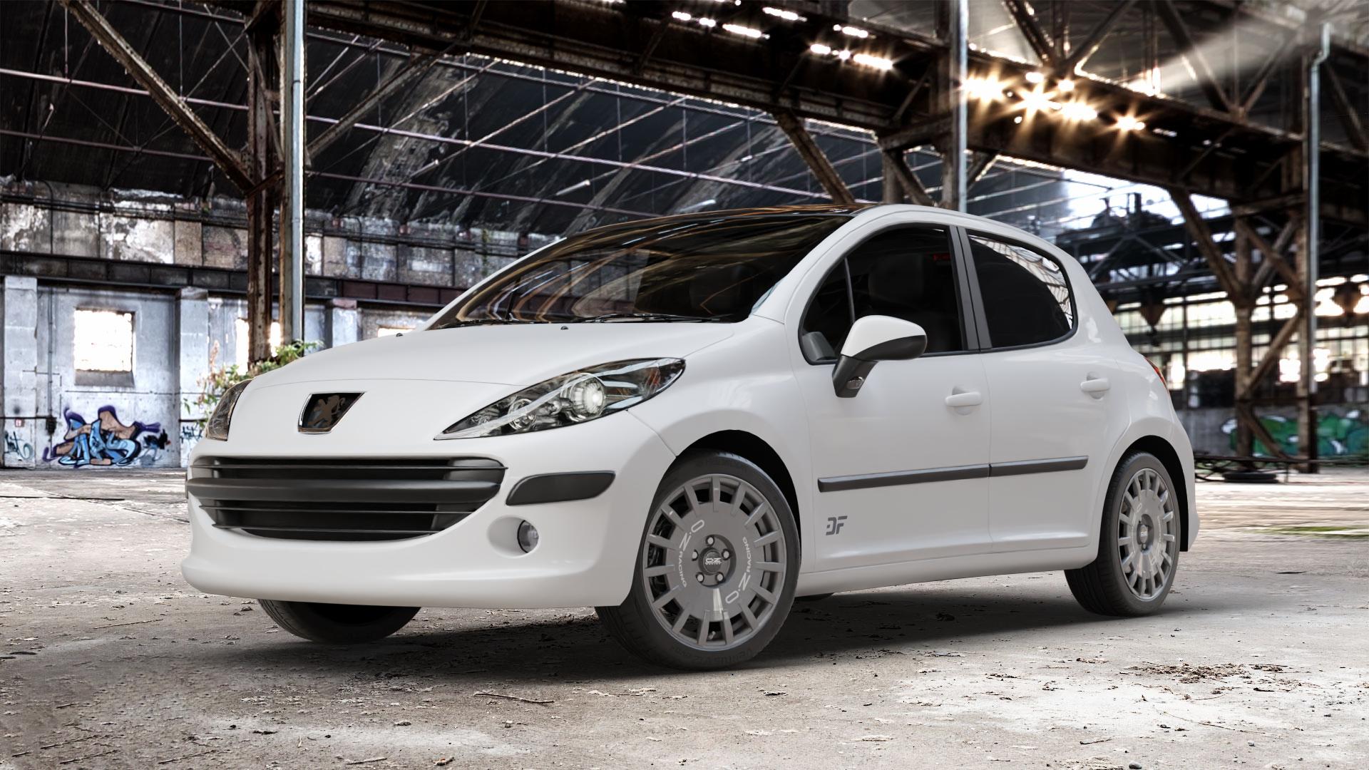 OZ RACING RALLY RACING DARK GRAPHITE SILVER LETTERING Felge mit Reifen grau silber in 17Zoll Winterfelge Alufelge auf weissem Peugeot 207 SW Facelift ⬇️ mit 15mm Tieferlegung ⬇️ Old Industrial Hall_max_4400mm_2024 Frontansicht_1