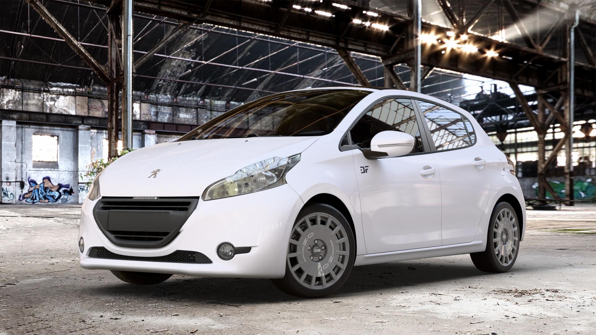 OZ RACING RALLY RACING DARK GRAPHITE SILVER LETTERING Felge mit Reifen grau silber in 17Zoll Winterfelge Alufelge auf weissem Peugeot 208 Typ C ⬇️ mit 15mm Tieferlegung ⬇️ Old Industrial Hall_max_4400mm_2024 Frontansicht_1