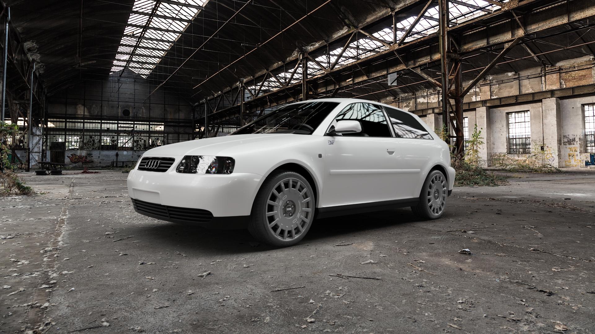 OZ RACING RALLY RACING DARK GRAPHITE SILVER LETTERING Felge mit Reifen grau silber in 18Zoll Winterfelge Alufelge auf weissem Audi A3 Typ 8L ⬇️ mit 15mm Tieferlegung ⬇️ Old Industrial Hall_max5000mm_2022 Frontansicht_1