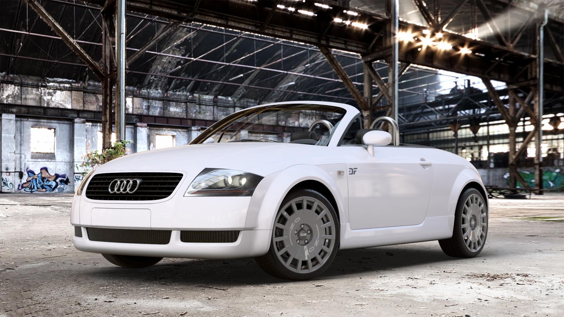 OZ RACING RALLY RACING DARK GRAPHITE SILVER LETTERING Felge mit Reifen grau silber in 18Zoll Winterfelge Alufelge auf weissem Audi TT I Typ 8N (Roadster) 1,8l T 110kW (150 PS) 120kW (163 132kW (179 140kW (190 quattro 165kW (224 3,2l VR6 184kW (250 ⬇️ mit 15mm Tieferlegung ⬇️ Old Industrial Hall_max_4400mm_2024 Frontansicht_1