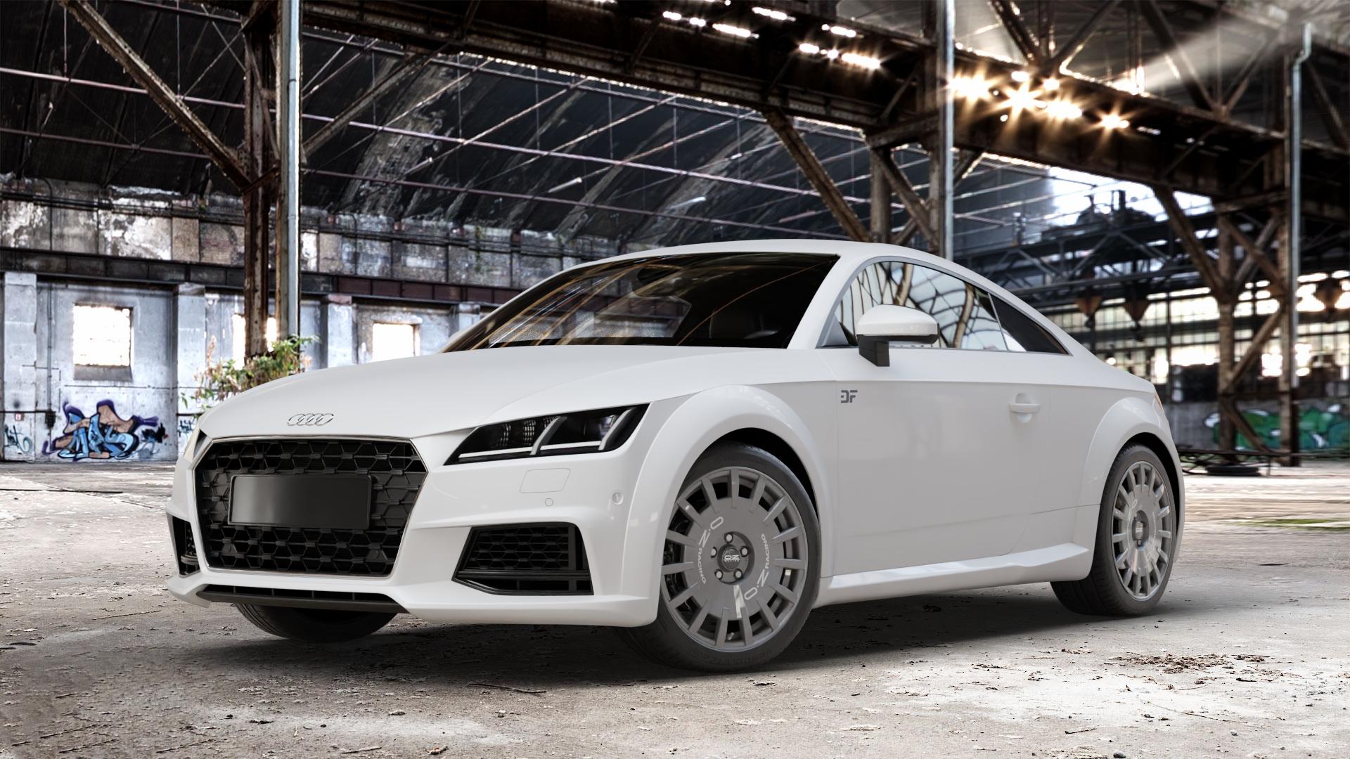 OZ RACING RALLY RACING DARK GRAPHITE SILVER LETTERING Felge mit Reifen grau silber in 18Zoll Winterfelge Alufelge auf weissem Audi TT III Typ 8S Facelift (Coupé) (Roadster) ⬇️ mit 15mm Tieferlegung ⬇️ Old Industrial Hall_max_4400mm_2024 Frontansicht_1