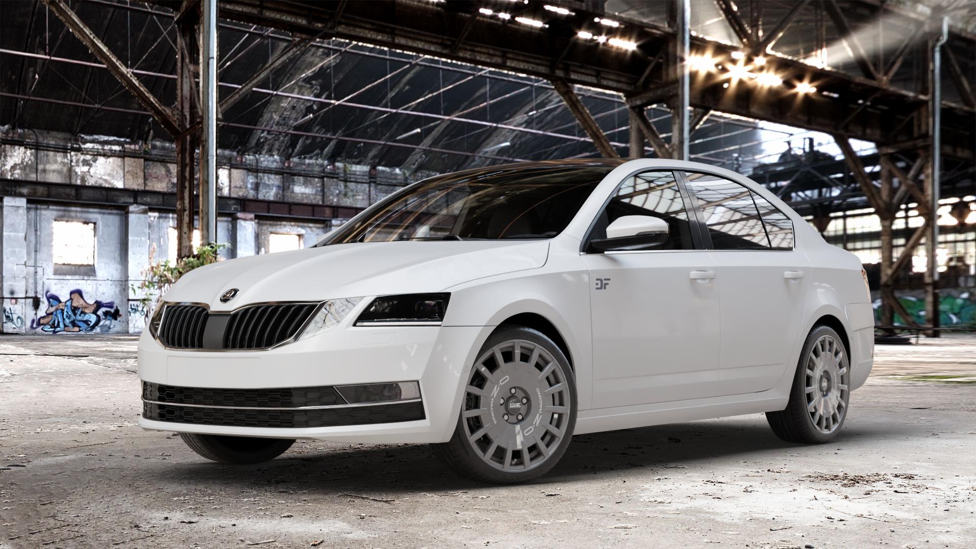 OZ RACING RALLY RACING DARK GRAPHITE SILVER LETTERING Felge mit Reifen grau silber in 18Zoll Winterfelge Alufelge auf weissem Skoda Octavia III Limousine Typ 5E Facelift ⬇️ mit 15mm Tieferlegung ⬇️ Old Industrial Hall_max_4400mm_2024 Frontansicht_1