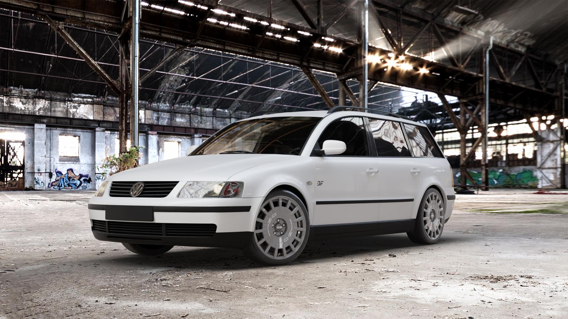 OZ RACING RALLY RACING DARK GRAPHITE SILVER LETTERING Felge mit Reifen grau silber in 18Zoll Winterfelge Alufelge auf weissem Volkswagen (VW) Passat 3B Limousine Variant 3BG ⬇️ mit 15mm Tieferlegung ⬇️ Old Industrial Hall_max_5300mm_2024 Frontansicht_1