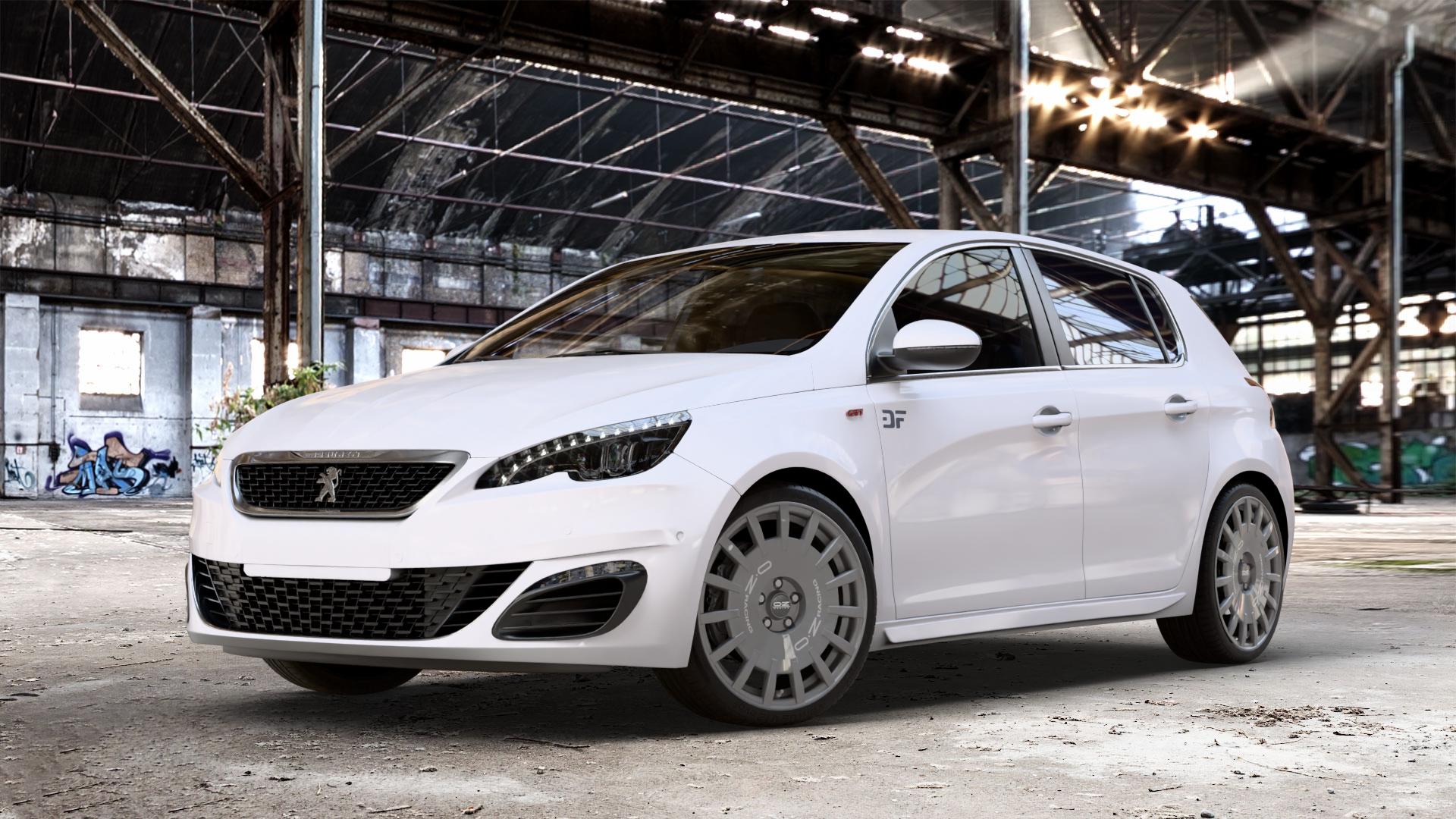 OZ RACING RALLY RACING DARK GRAPHITE SILVER LETTERING Felge mit Reifen grau silber in 19Zoll Winterfelge Alufelge auf weissem Peugeot 308 II Typ L Facelift ⬇️ mit 15mm Tieferlegung ⬇️ Old Industrial Hall_max_4400mm_2024 Frontansicht_1