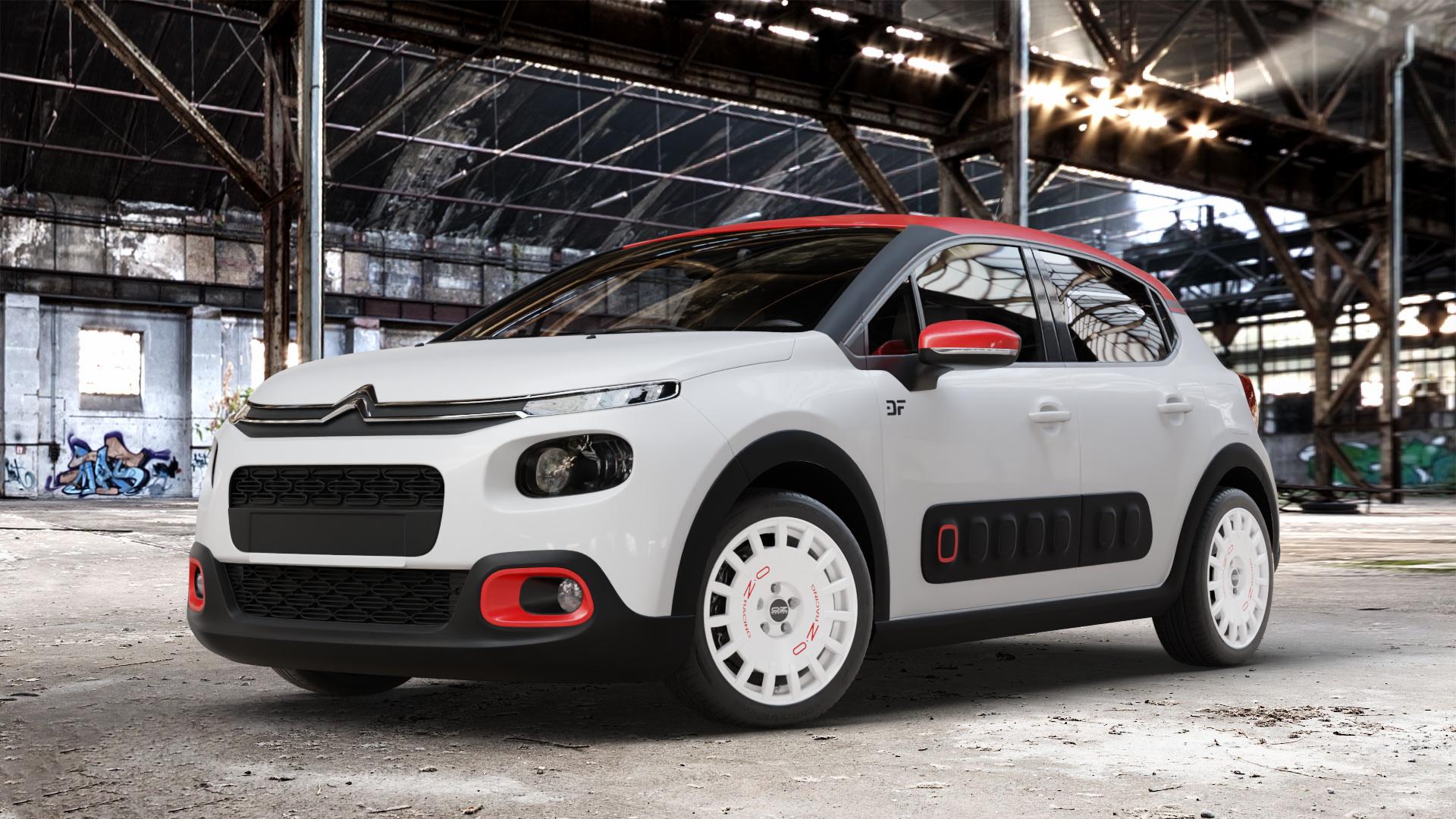 OZ RACING RALLY RACING RACE WHITE + RED LETTERING Felge mit Reifen rot weiss weiß in 17Zoll Winterfelge Alufelge auf weissem Citroen C3 III ⬇️ mit 15mm Tieferlegung ⬇️ Old Industrial Hall_max_4400mm_2024 Frontansicht_1
