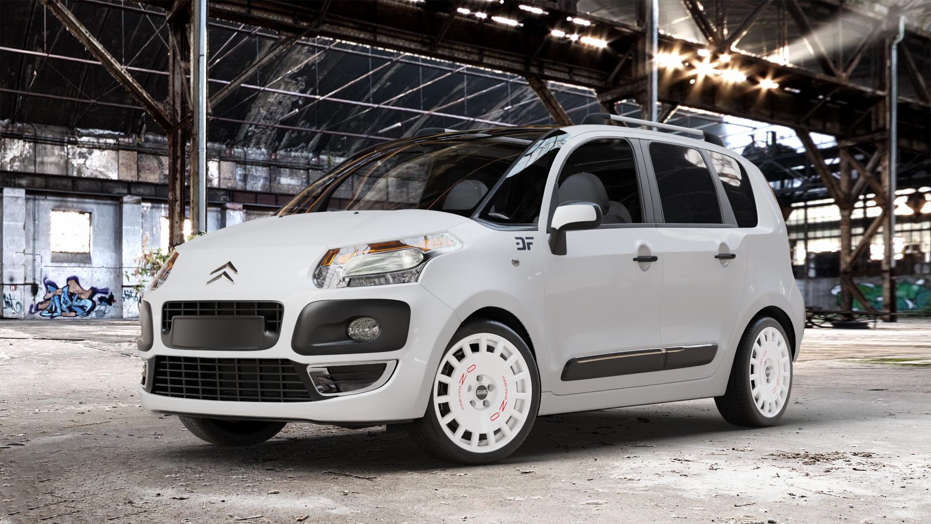 OZ RACING RALLY RACING RACE WHITE + RED LETTERING Felge mit Reifen rot weiss weiß in 17Zoll Winterfelge Alufelge auf weissem Citroen C3 Picasso ⬇️ mit 15mm Tieferlegung ⬇️ Old Industrial Hall_max_4400mm_2024 Frontansicht_1