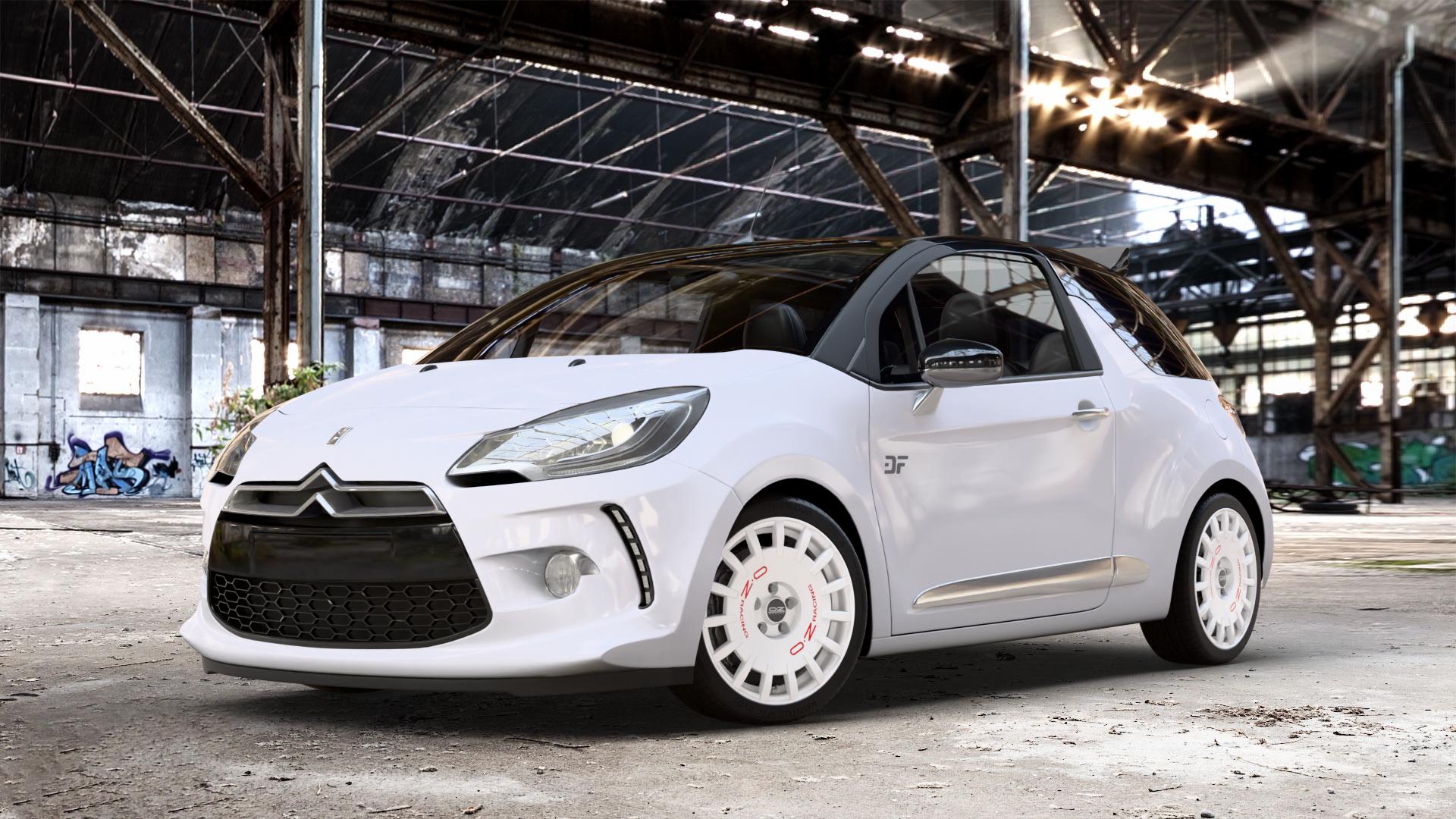 OZ RACING RALLY RACING RACE WHITE + RED LETTERING Felge mit Reifen rot weiss weiß in 17Zoll Winterfelge Alufelge auf weissem Citroen DS3 Cabrio Facelift ⬇️ mit 15mm Tieferlegung ⬇️ Old Industrial Hall_max_4400mm_2024 Frontansicht_1