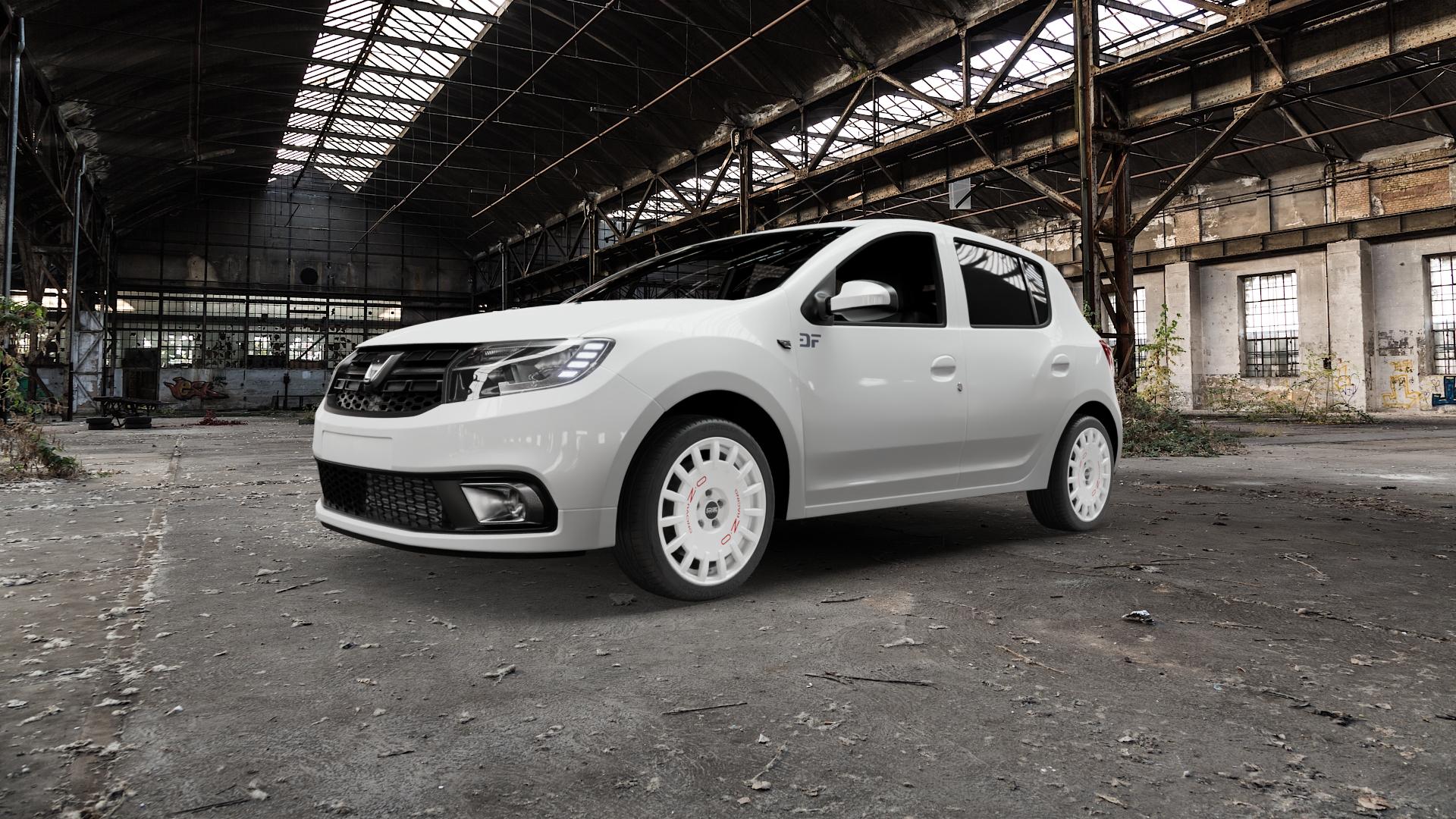 OZ RACING RALLY RACING RACE WHITE + RED LETTERING Felge mit Reifen rot weiss weiß in 17Zoll Winterfelge Alufelge auf weissem Dacia Sandero II Typ SD Facelift ⬇️ mit 15mm Tieferlegung ⬇️ Old Industrial Hall_max5000mm_2022 Frontansicht_1