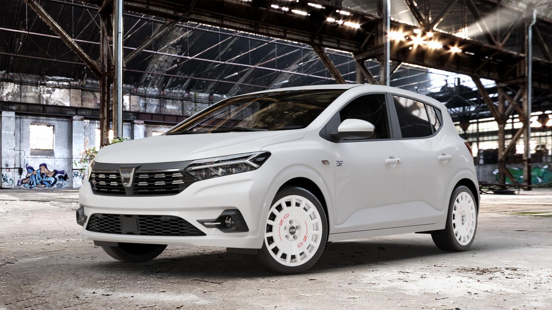 OZ RACING RALLY RACING RACE WHITE + RED LETTERING Felge mit Reifen rot weiss weiß in 17Zoll Winterfelge Alufelge auf weissem Dacia Sandero III Typ DJF ⬇️ mit 15mm Tieferlegung ⬇️ Old Industrial Hall_max_4400mm_2024 Frontansicht_1