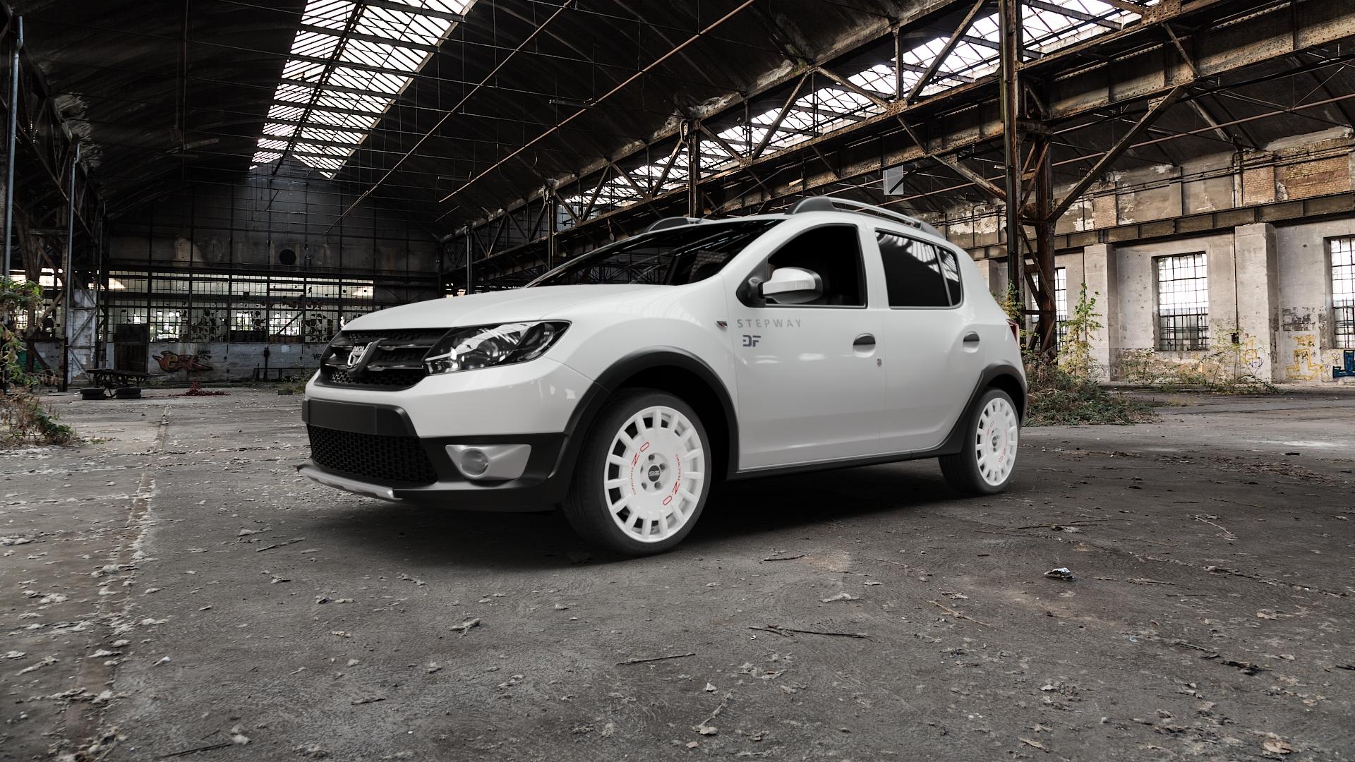 OZ RACING RALLY RACING RACE WHITE + RED LETTERING Felge mit Reifen rot weiss weiß in 17Zoll Winterfelge Alufelge auf weissem Dacia Sandero Stepway II Typ SD ⬇️ mit 15mm Tieferlegung ⬇️ Old Industrial Hall_max5000mm_2022 Frontansicht_1