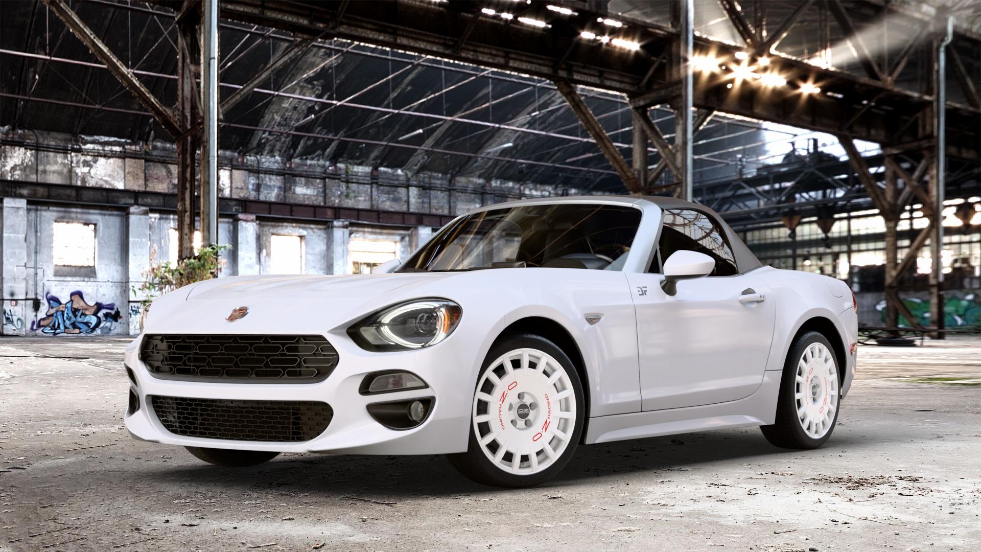 OZ RACING RALLY RACING RACE WHITE + RED LETTERING Felge mit Reifen rot weiss weiß in 17Zoll Winterfelge Alufelge auf weissem Fiat 124 Spider Typ NF ⬇️ mit 15mm Tieferlegung ⬇️ Old Industrial Hall_max_4400mm_2024 Frontansicht_1