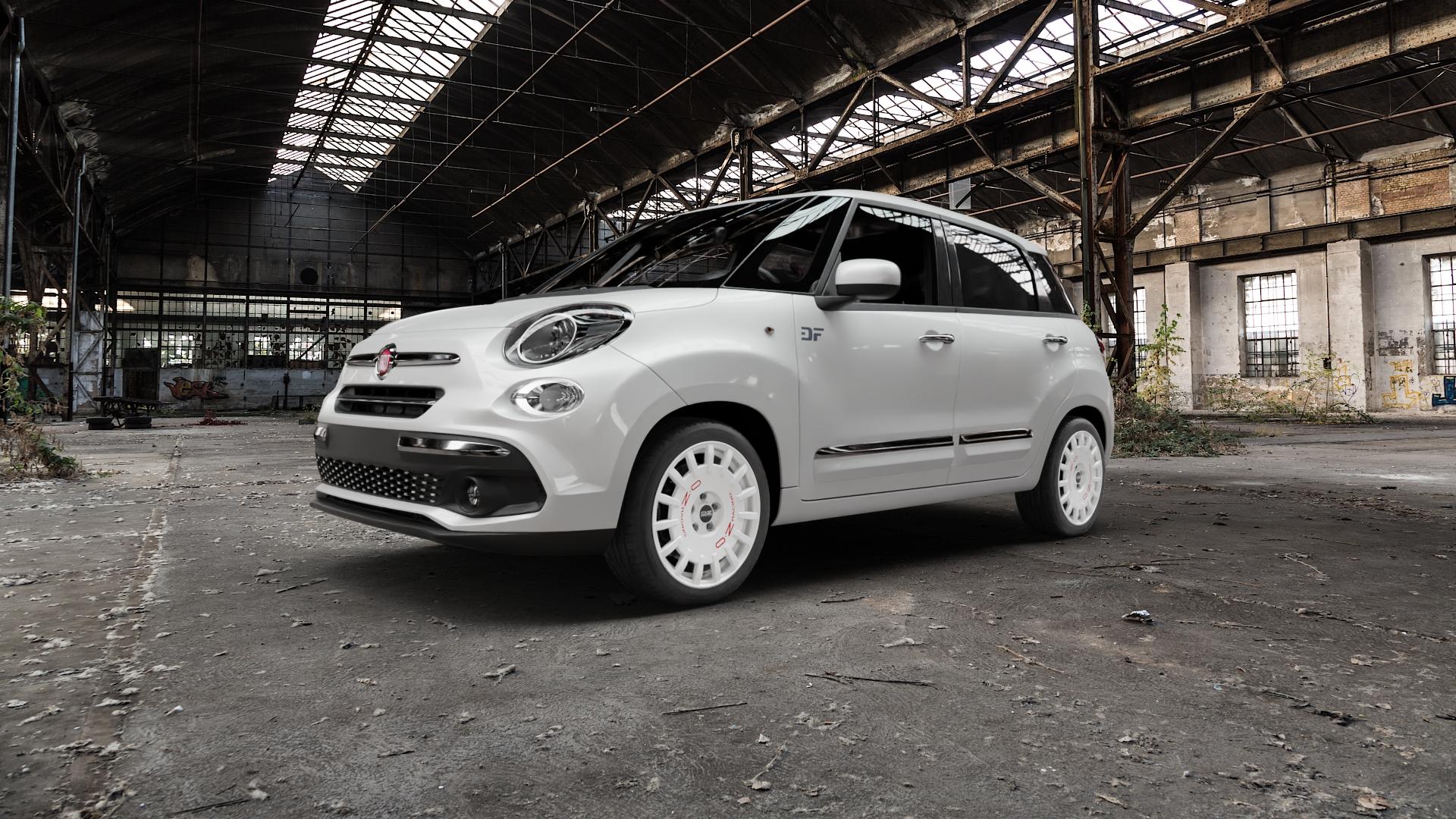 OZ RACING RALLY RACING RACE WHITE + RED LETTERING Felge mit Reifen rot weiss weiß in 17Zoll Winterfelge Alufelge auf weissem Fiat 500 L Typ 199 Trekking ⬇️ mit 15mm Tieferlegung ⬇️ Old Industrial Hall_max5000mm_2022 Frontansicht_1
