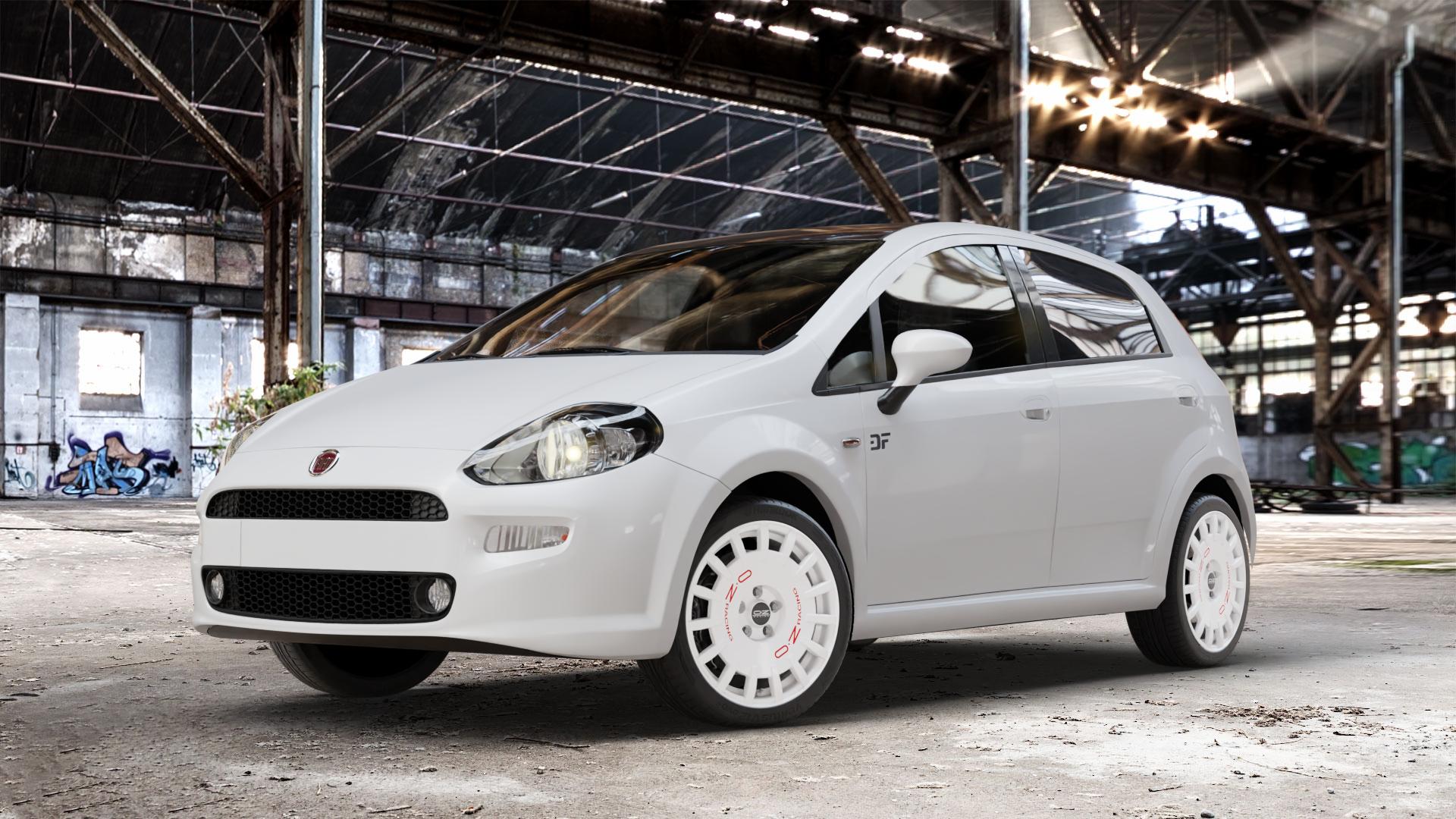 OZ RACING RALLY RACING RACE WHITE + RED LETTERING Felge mit Reifen rot weiss weiß in 17Zoll Winterfelge Alufelge auf weissem Fiat Punto / Grande Typ 199 (12->) ⬇️ mit 15mm Tieferlegung ⬇️ Old Industrial Hall_max_4400mm_2024 Frontansicht_1