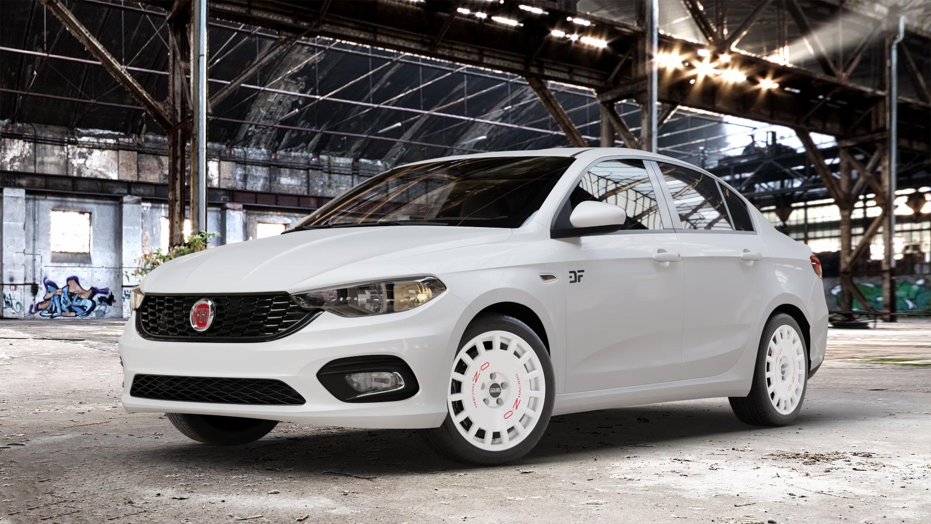 OZ RACING RALLY RACING RACE WHITE + RED LETTERING Felge mit Reifen rot weiss weiß in 17Zoll Winterfelge Alufelge auf weissem Fiat Tipo II Limousine Typ 356 ⬇️ mit 15mm Tieferlegung ⬇️ Old Industrial Hall_max_4400mm_2024 Frontansicht_1