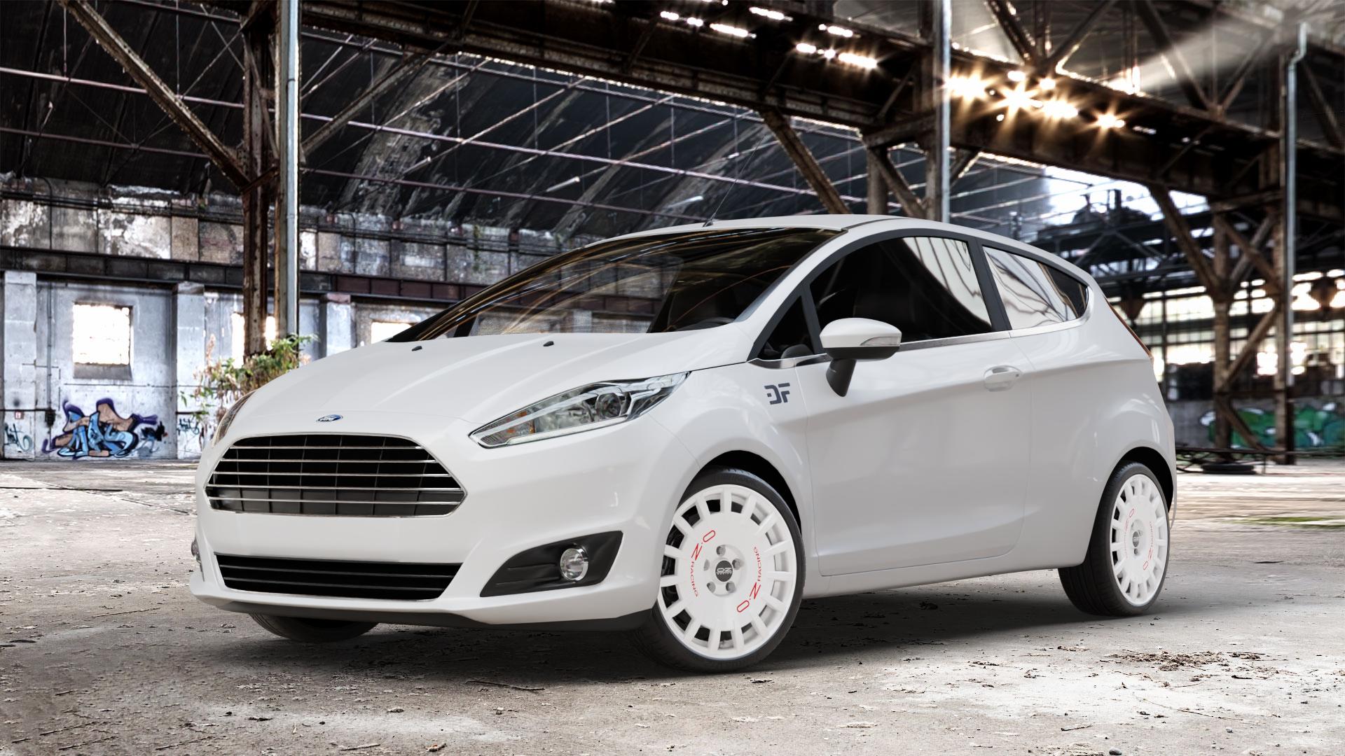 OZ RACING RALLY RACING RACE WHITE + RED LETTERING Felge mit Reifen rot weiss weiß in 17Zoll Winterfelge Alufelge auf weissem Ford Fiesta VI Typ JA8 Facelift ⬇️ mit 15mm Tieferlegung ⬇️ Old Industrial Hall_max_4400mm_2024 Frontansicht_1